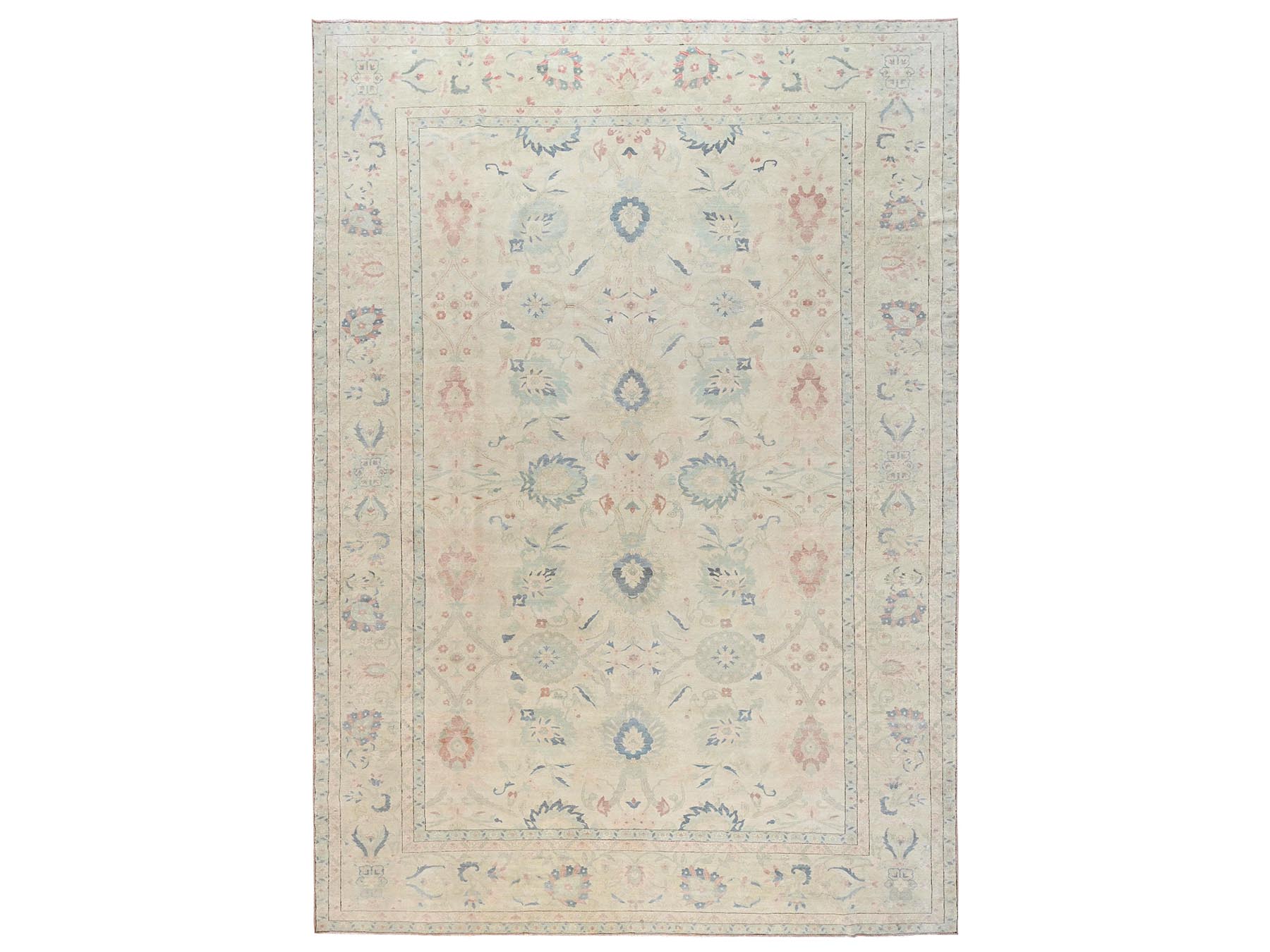 13'5"x19'3" Chiffon White, Vintage Egyptian Sultanabad, Sheared Low, Distressed, Full Pile, 100% Wool, Hand Knotted, Sides and Ends Professionally Secured, Oversized, Oriental Rug HR2537