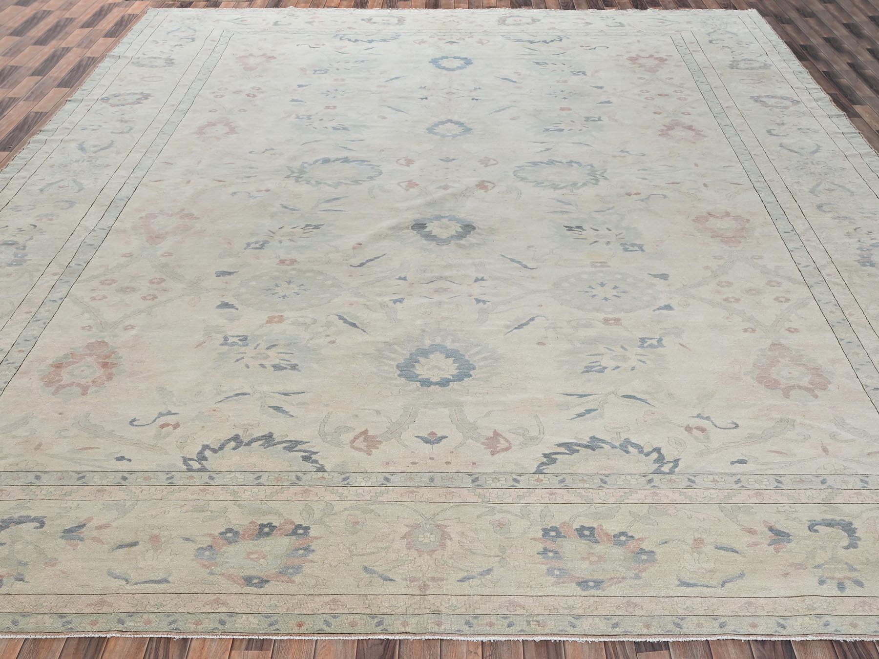 13'5"x19'3" Chiffon White, Vintage Egyptian Sultanabad, Sheared Low, Distressed, Full Pile, 100% Wool, Hand Knotted, Sides and Ends Professionally Secured, Oversized, Oriental Rug HR2537 - Image 2