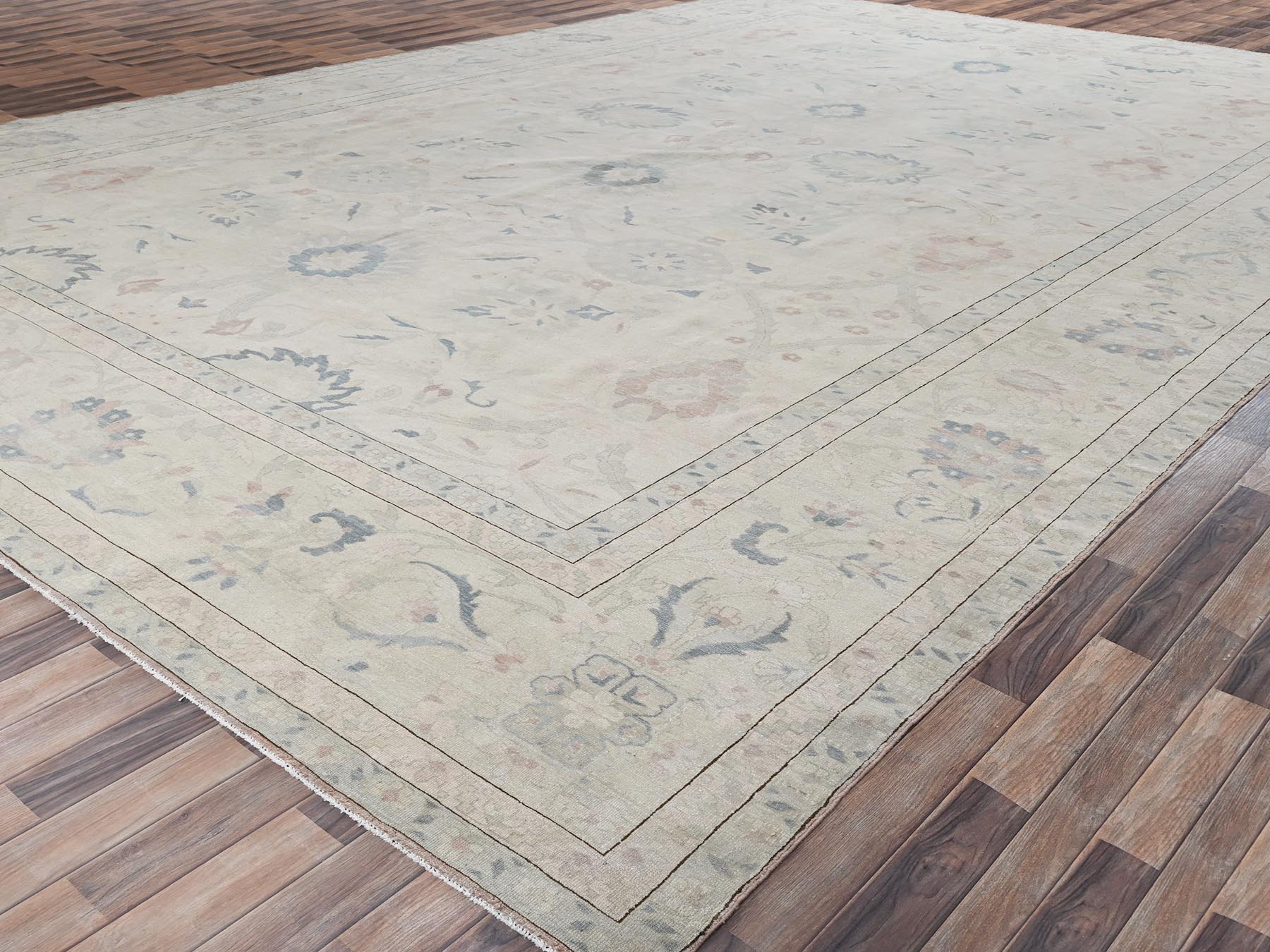 13'5"x19'3" Chiffon White, Vintage Egyptian Sultanabad, Sheared Low, Distressed, Full Pile, 100% Wool, Hand Knotted, Sides and Ends Professionally Secured, Oversized, Oriental Rug HR2537 - Image 3