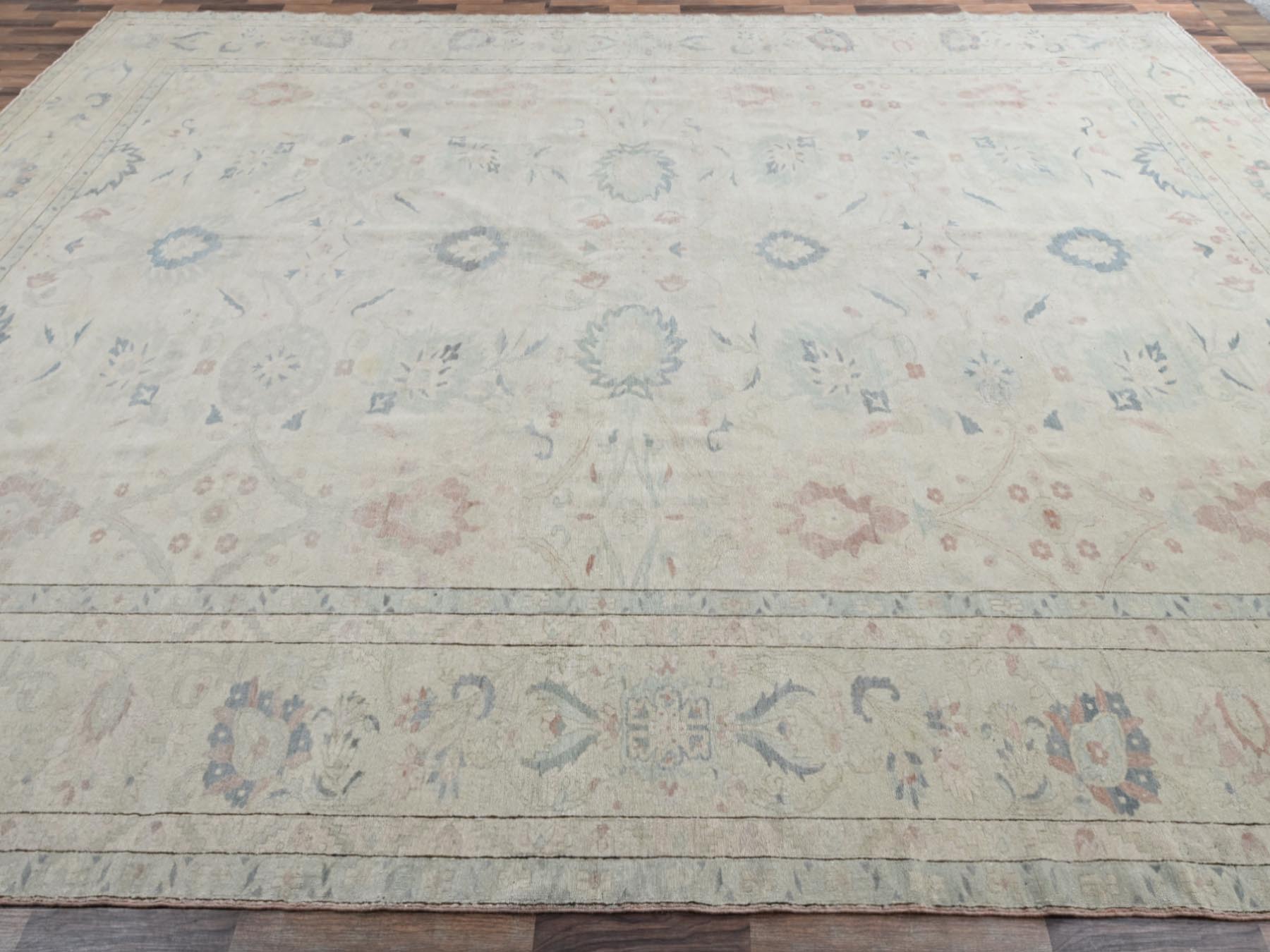 13'5"x19'3" Chiffon White, Vintage Egyptian Sultanabad, Sheared Low, Distressed, Full Pile, 100% Wool, Hand Knotted, Sides and Ends Professionally Secured, Oversized, Oriental Rug HR2537 - Image 4