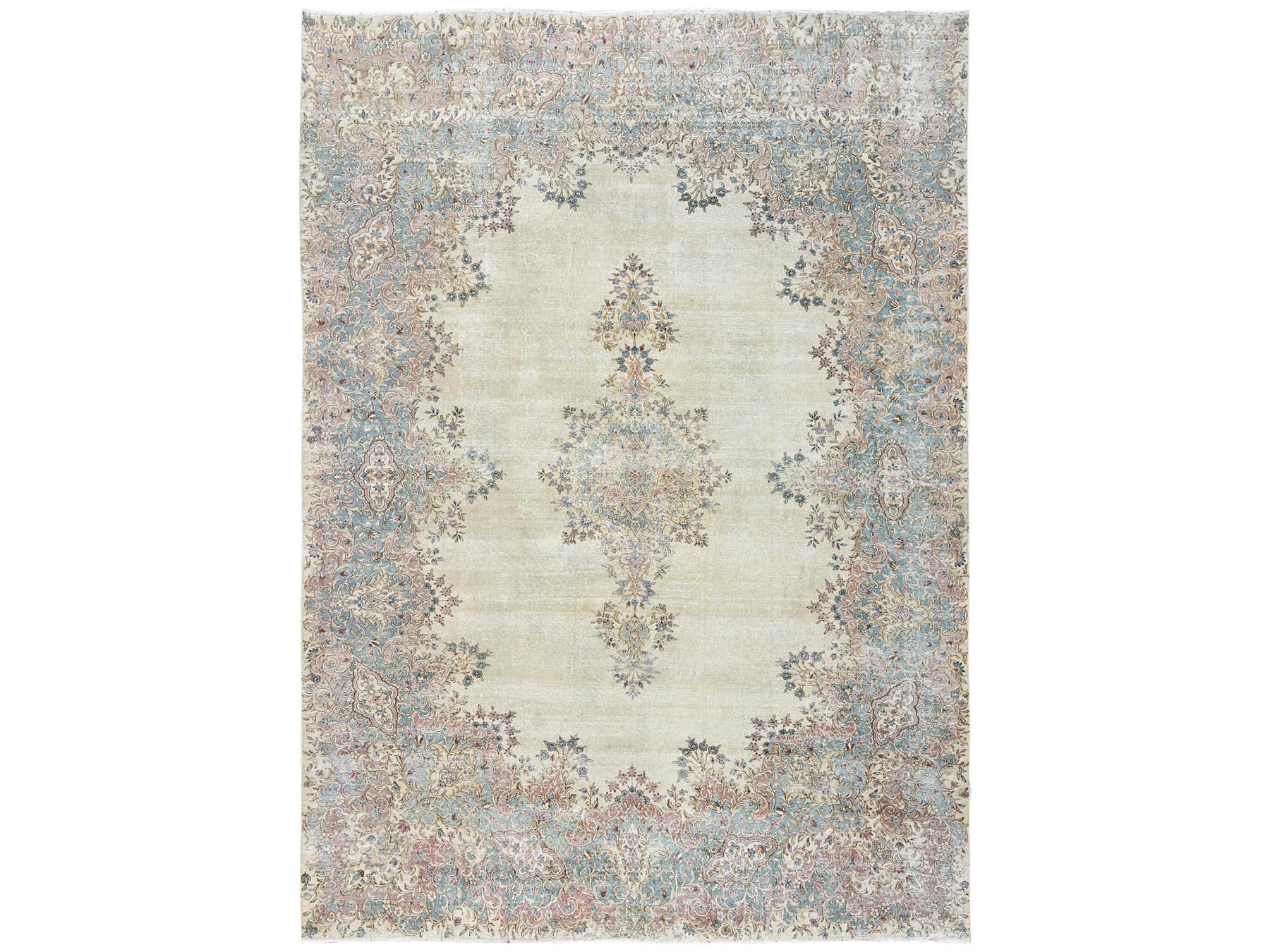 10'x13'9" Chiffon White, Vintage Persian Kerman with Flower Medallion, Even Wear, Full Pile, Clean and Soft, Hand Knotted, Good Condition, Pure Wool, Oriental Rug HR2540