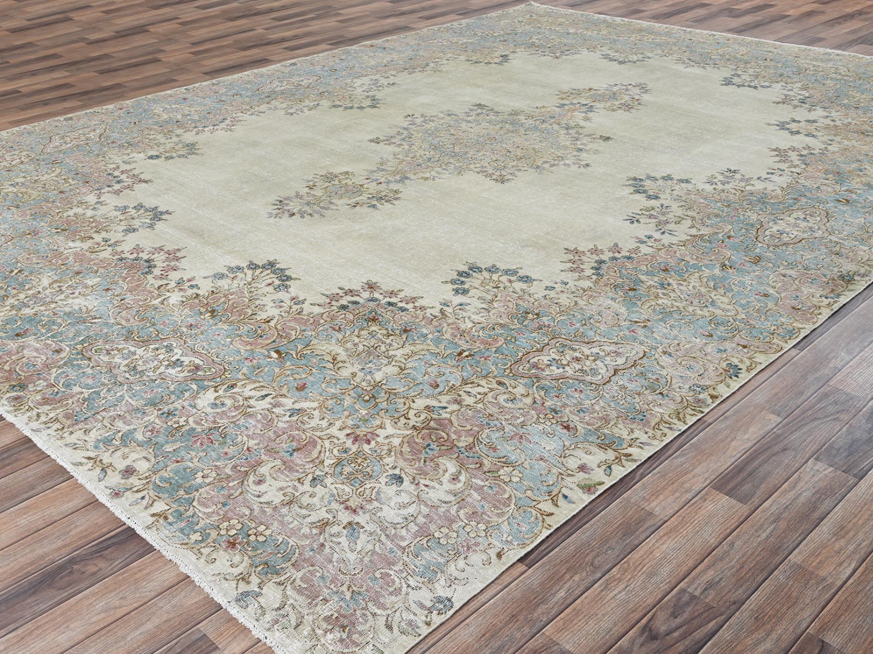10'x13'9" Chiffon White, Vintage Persian Kerman with Flower Medallion, Even Wear, Full Pile, Clean and Soft, Hand Knotted, Good Condition, Pure Wool, Oriental Rug HR2540 - Image 3
