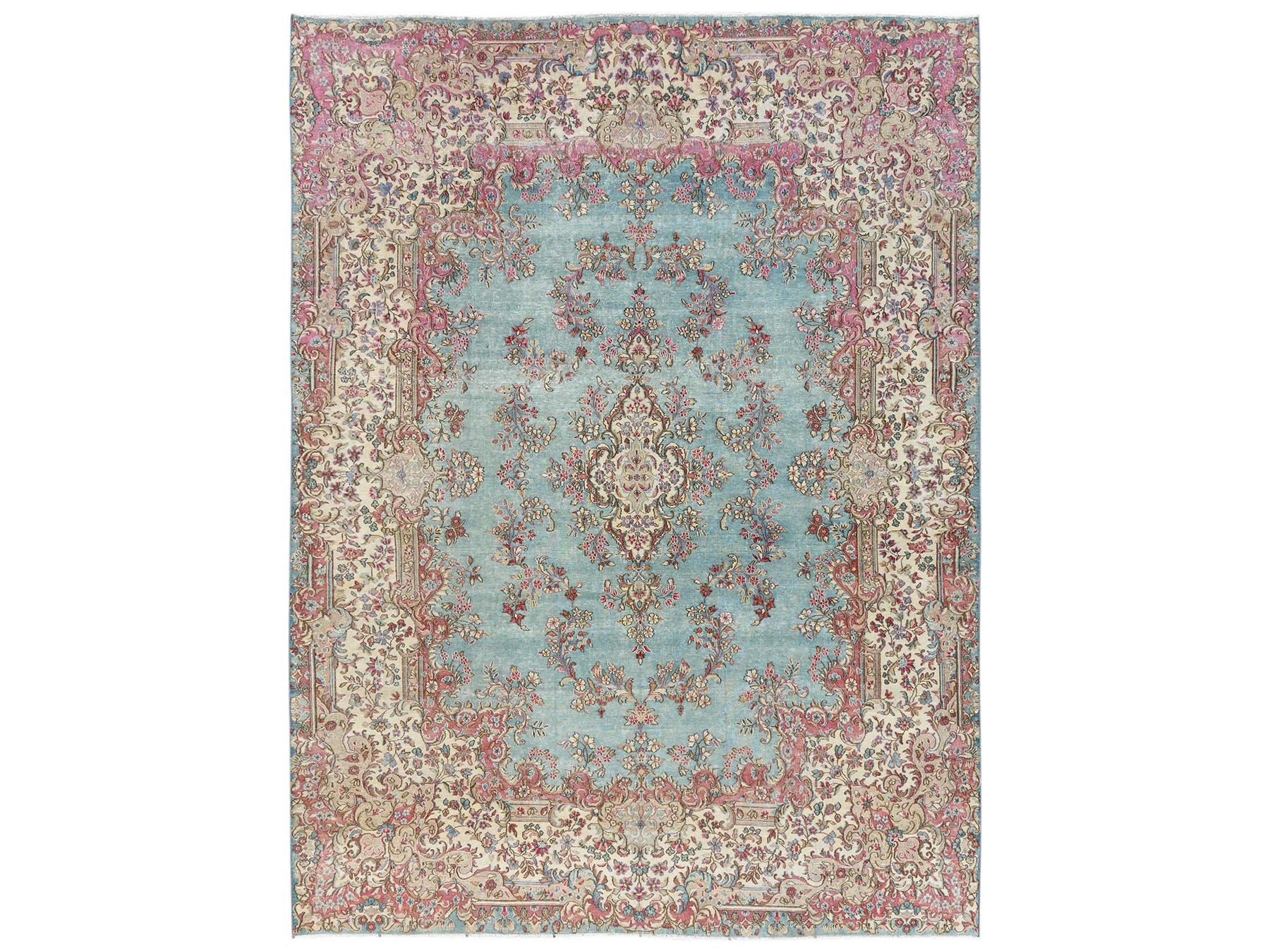8'x10'7" Light Blue, Vintage Persian Kerman with Flower Medallion, Sheared Low, Distressed, Professionally Cleaned, Sides and Ends Secured, Good Condition, Hand Knotted, 100% Wool, Oriental Rug HR2541