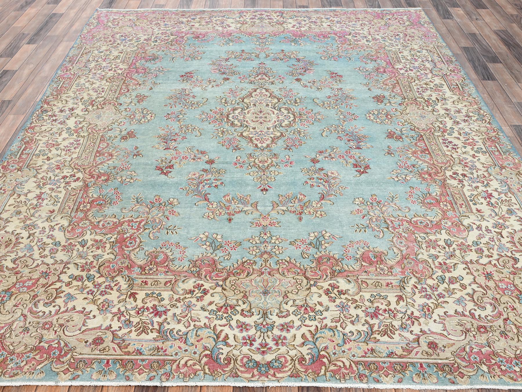 8'x10'7" Light Blue, Vintage Persian Kerman with Flower Medallion, Sheared Low, Distressed, Professionally Cleaned, Sides and Ends Secured, Good Condition, Hand Knotted, 100% Wool, Oriental Rug HR2541 - Image 2