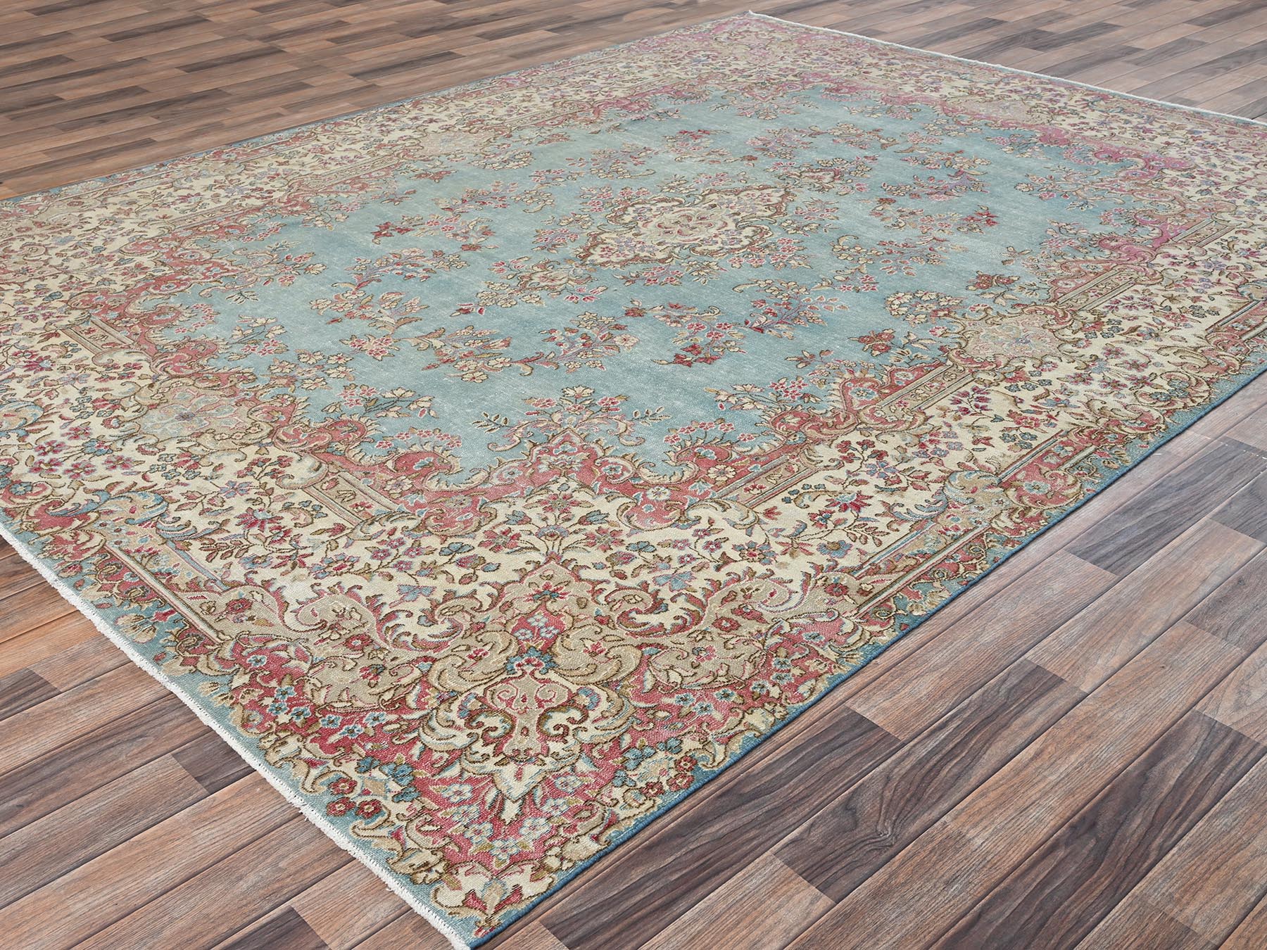 8'x10'7" Light Blue, Vintage Persian Kerman with Flower Medallion, Sheared Low, Distressed, Professionally Cleaned, Sides and Ends Secured, Good Condition, Hand Knotted, 100% Wool, Oriental Rug HR2541 - Image 3