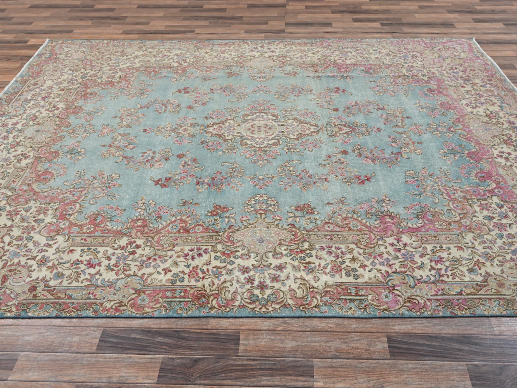 8'x10'7" Light Blue, Vintage Persian Kerman with Flower Medallion, Sheared Low, Distressed, Professionally Cleaned, Sides and Ends Secured, Good Condition, Hand Knotted, 100% Wool, Oriental Rug HR2541 - Image 4