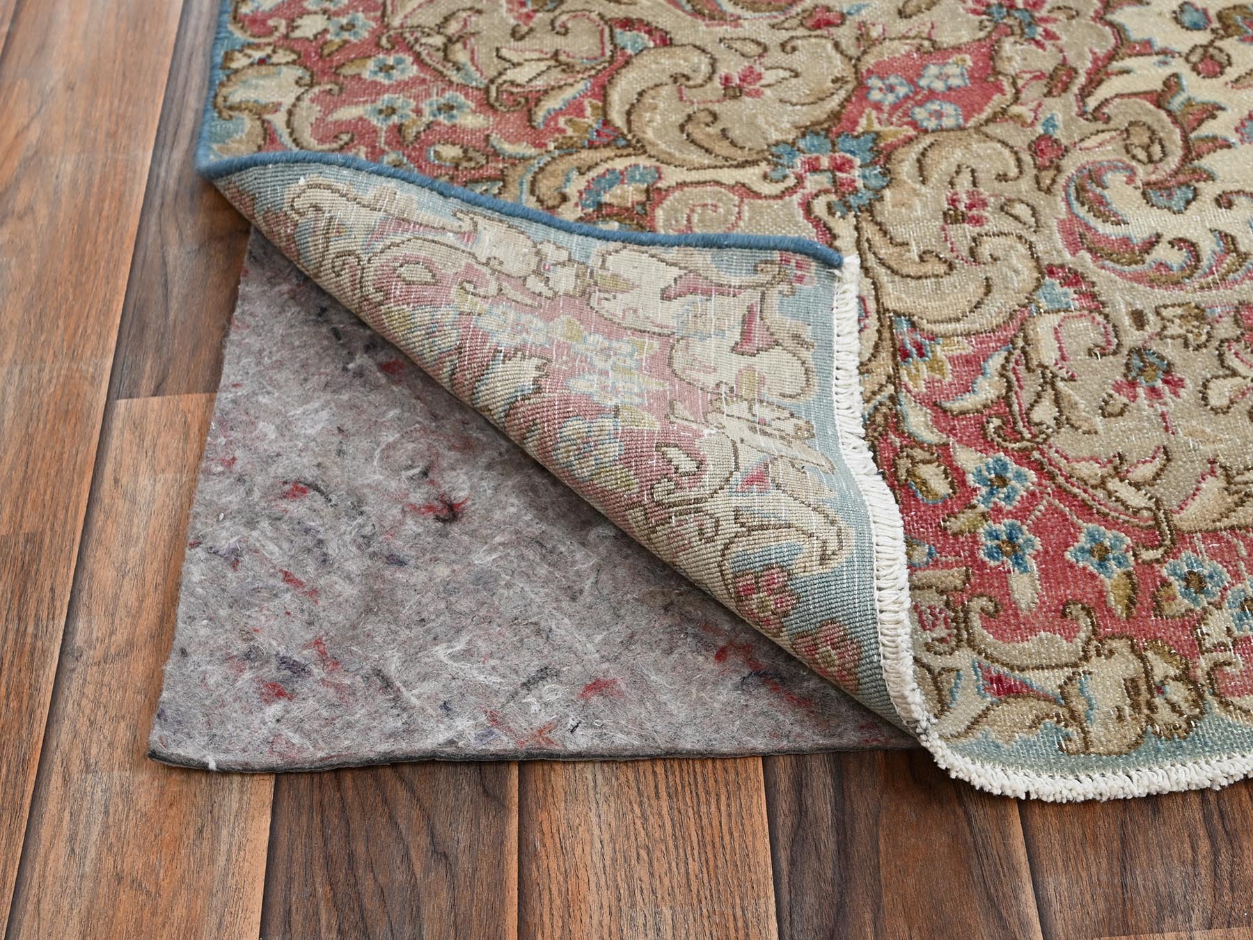 8'x10'7" Light Blue, Vintage Persian Kerman with Flower Medallion, Sheared Low, Distressed, Professionally Cleaned, Sides and Ends Secured, Good Condition, Hand Knotted, 100% Wool, Oriental Rug HR2541 - Image 5