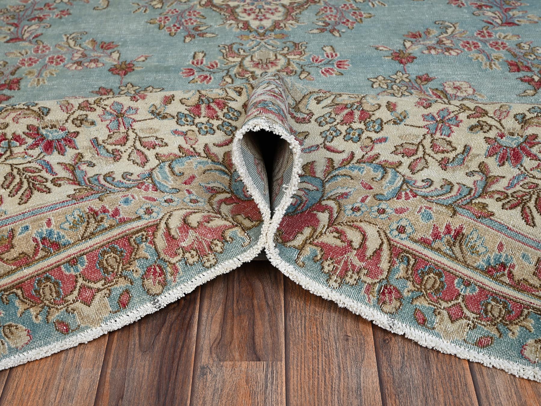 8'x10'7" Light Blue, Vintage Persian Kerman with Flower Medallion, Sheared Low, Distressed, Professionally Cleaned, Sides and Ends Secured, Good Condition, Hand Knotted, 100% Wool, Oriental Rug HR2541 - Image 6