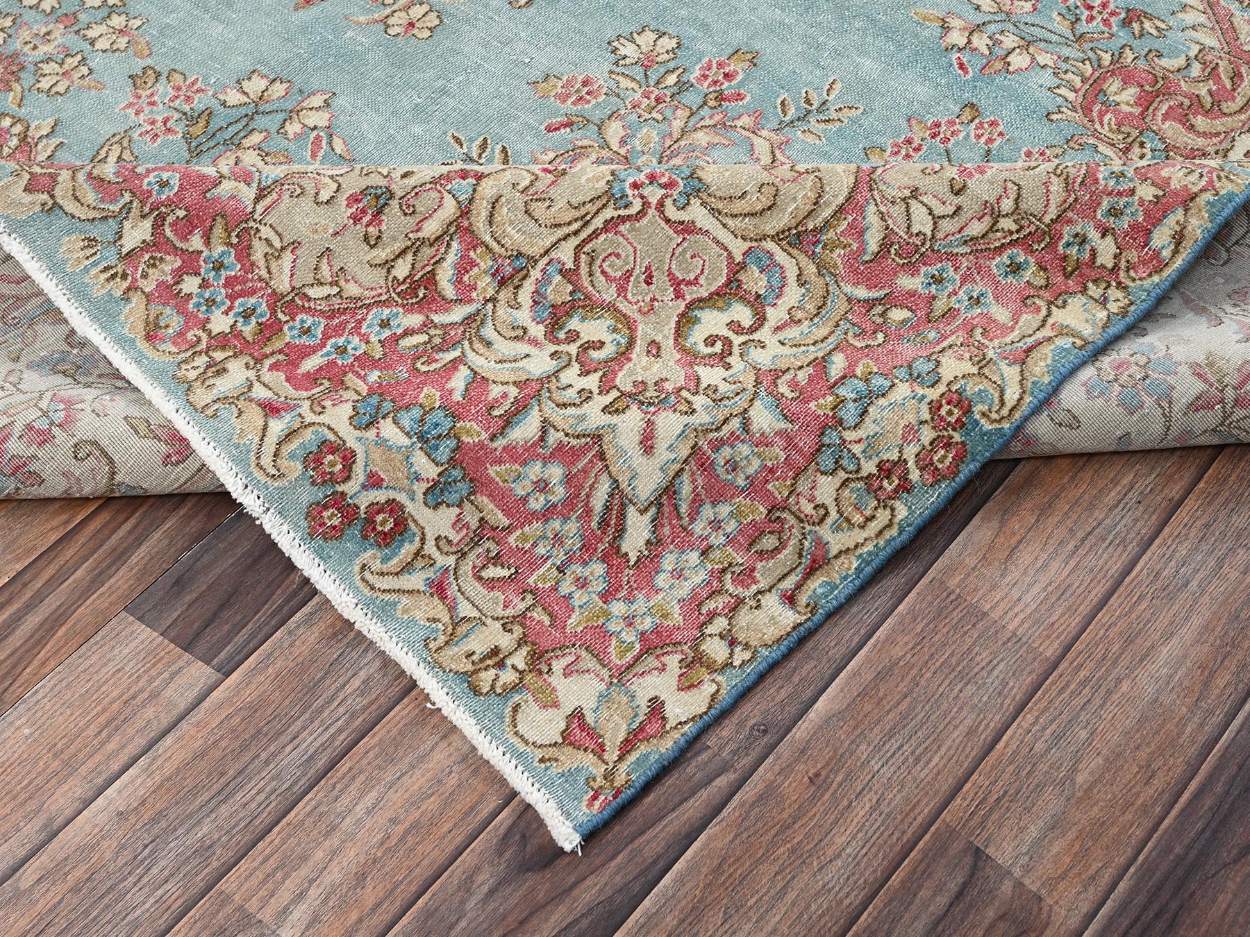 8'x10'7" Light Blue, Vintage Persian Kerman with Flower Medallion, Sheared Low, Distressed, Professionally Cleaned, Sides and Ends Secured, Good Condition, Hand Knotted, 100% Wool, Oriental Rug HR2541 - Image 7