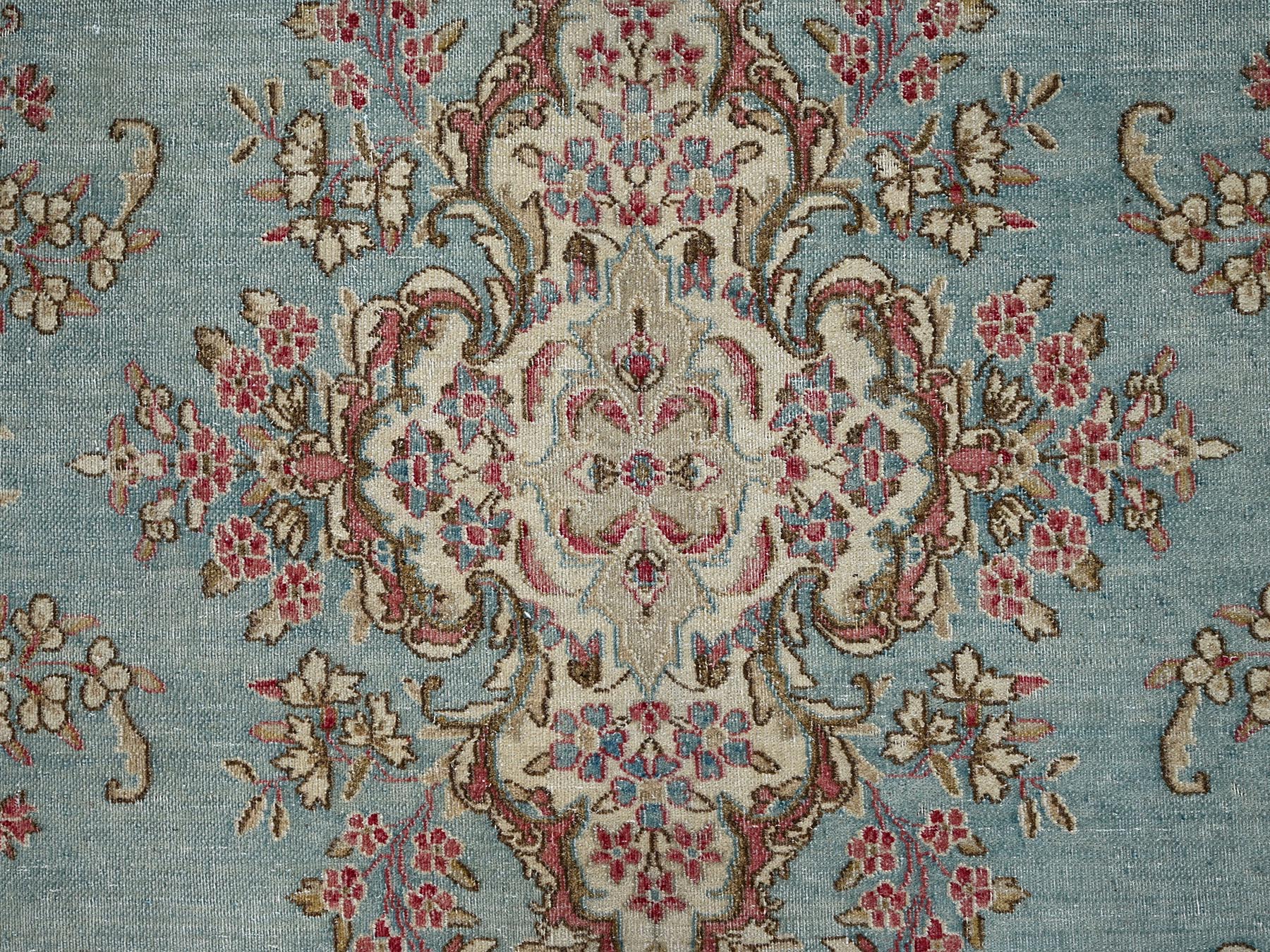 8'x10'7" Light Blue, Vintage Persian Kerman with Flower Medallion, Sheared Low, Distressed, Professionally Cleaned, Sides and Ends Secured, Good Condition, Hand Knotted, 100% Wool, Oriental Rug HR2541 - Image 9