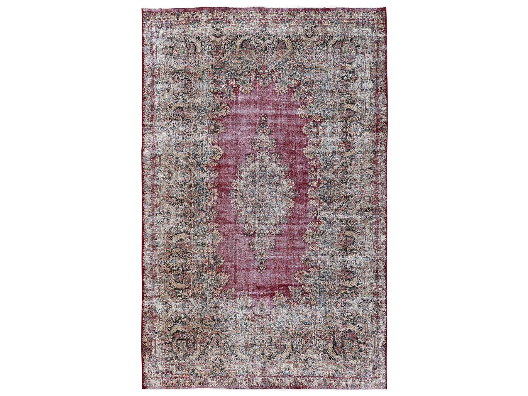 9'9"x15'3" Wine Red, Worn Out, Vintage Persian Kerman with Flower Medallion, Worn Out and Distressed Professionally Cleaned, Sides and Ends Secured, Hand Knotted, 100% Wool, Oriental Rug HR2542