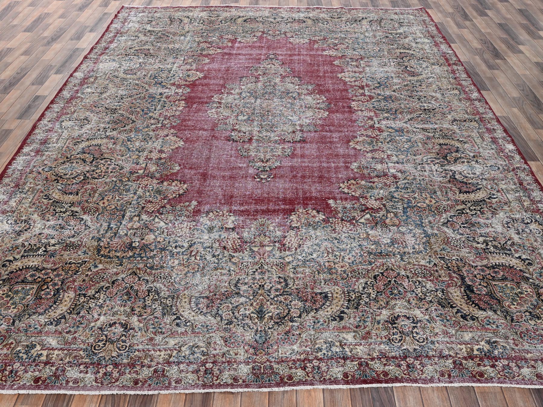 9'9"x15'3" Wine Red, Worn Out, Vintage Persian Kerman with Flower Medallion, Worn Out and Distressed Professionally Cleaned, Sides and Ends Secured, Hand Knotted, 100% Wool, Oriental Rug HR2542 - Image 2