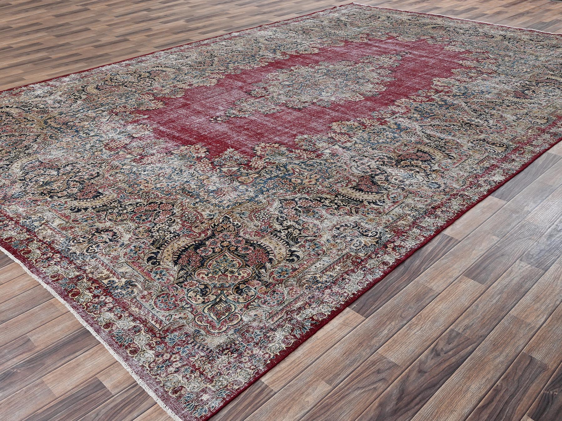 9'9"x15'3" Wine Red, Worn Out, Vintage Persian Kerman with Flower Medallion, Worn Out and Distressed Professionally Cleaned, Sides and Ends Secured, Hand Knotted, 100% Wool, Oriental Rug HR2542 - Image 3