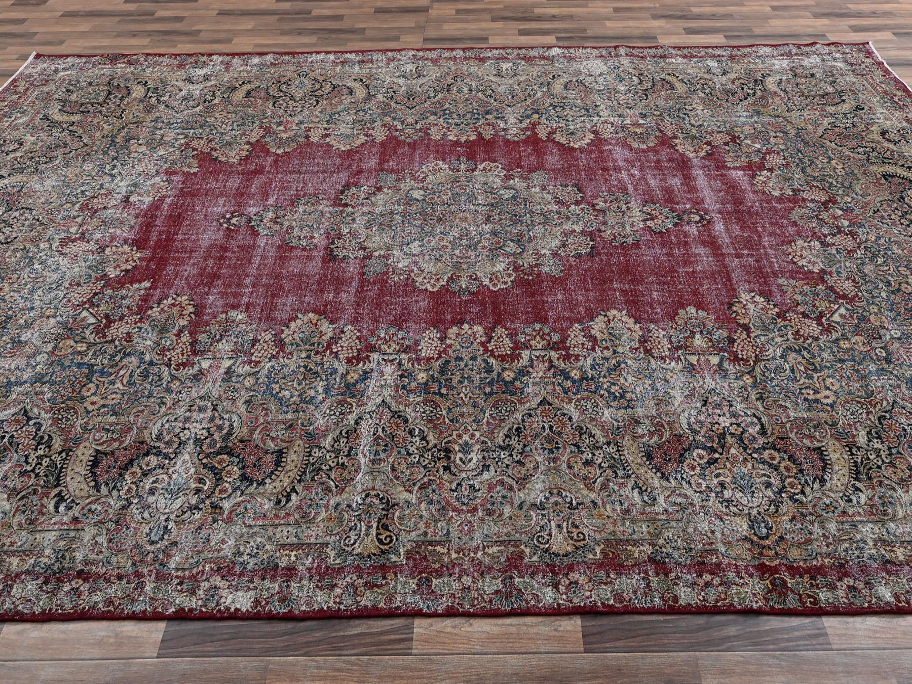 9'9"x15'3" Wine Red, Worn Out, Vintage Persian Kerman with Flower Medallion, Worn Out and Distressed Professionally Cleaned, Sides and Ends Secured, Hand Knotted, 100% Wool, Oriental Rug HR2542 - Image 4