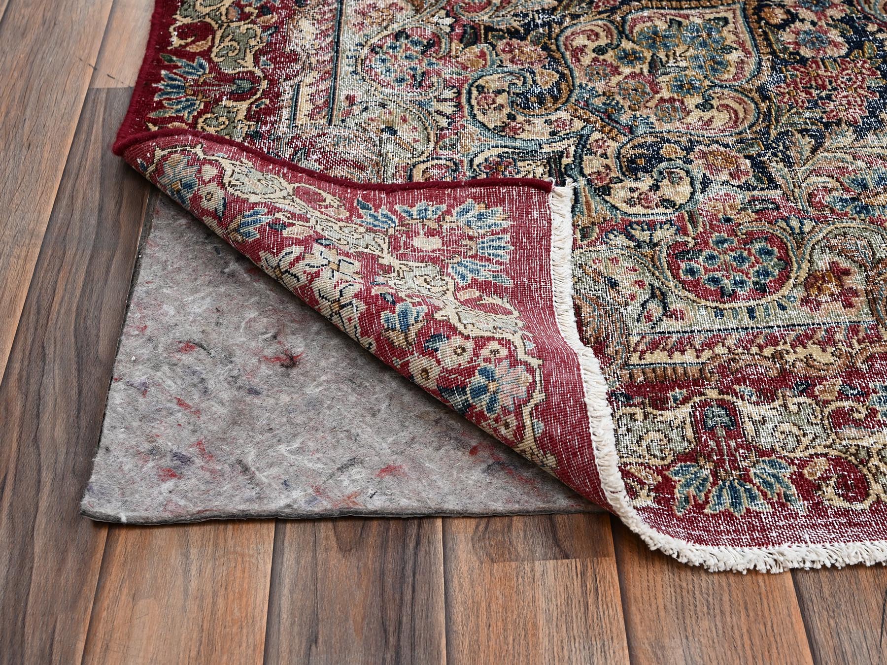 9'9"x15'3" Wine Red, Worn Out, Vintage Persian Kerman with Flower Medallion, Worn Out and Distressed Professionally Cleaned, Sides and Ends Secured, Hand Knotted, 100% Wool, Oriental Rug HR2542 - Image 5