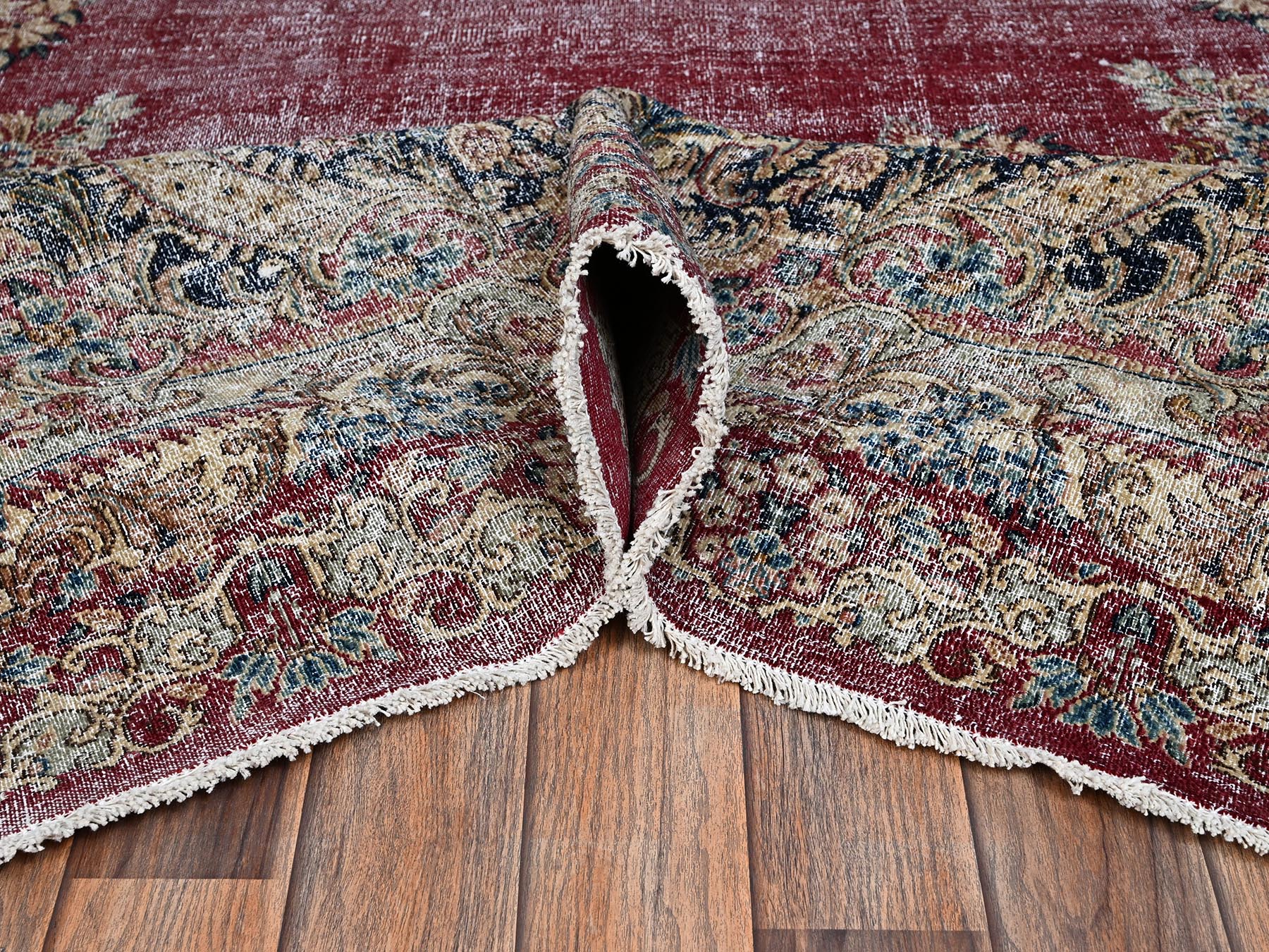 9'9"x15'3" Wine Red, Worn Out, Vintage Persian Kerman with Flower Medallion, Worn Out and Distressed Professionally Cleaned, Sides and Ends Secured, Hand Knotted, 100% Wool, Oriental Rug HR2542 - Image 6