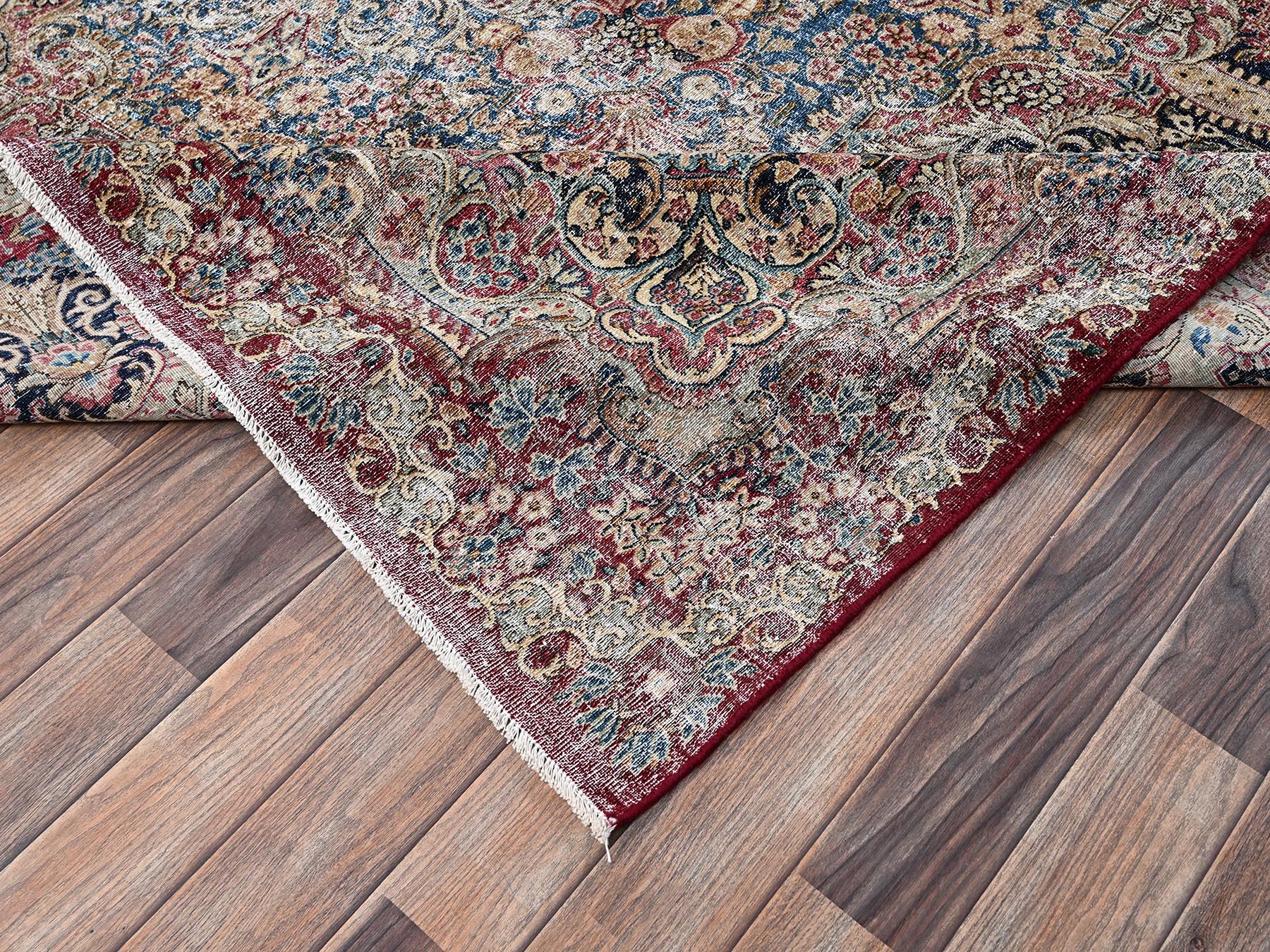 9'9"x15'3" Wine Red, Worn Out, Vintage Persian Kerman with Flower Medallion, Worn Out and Distressed Professionally Cleaned, Sides and Ends Secured, Hand Knotted, 100% Wool, Oriental Rug HR2542 - Image 7