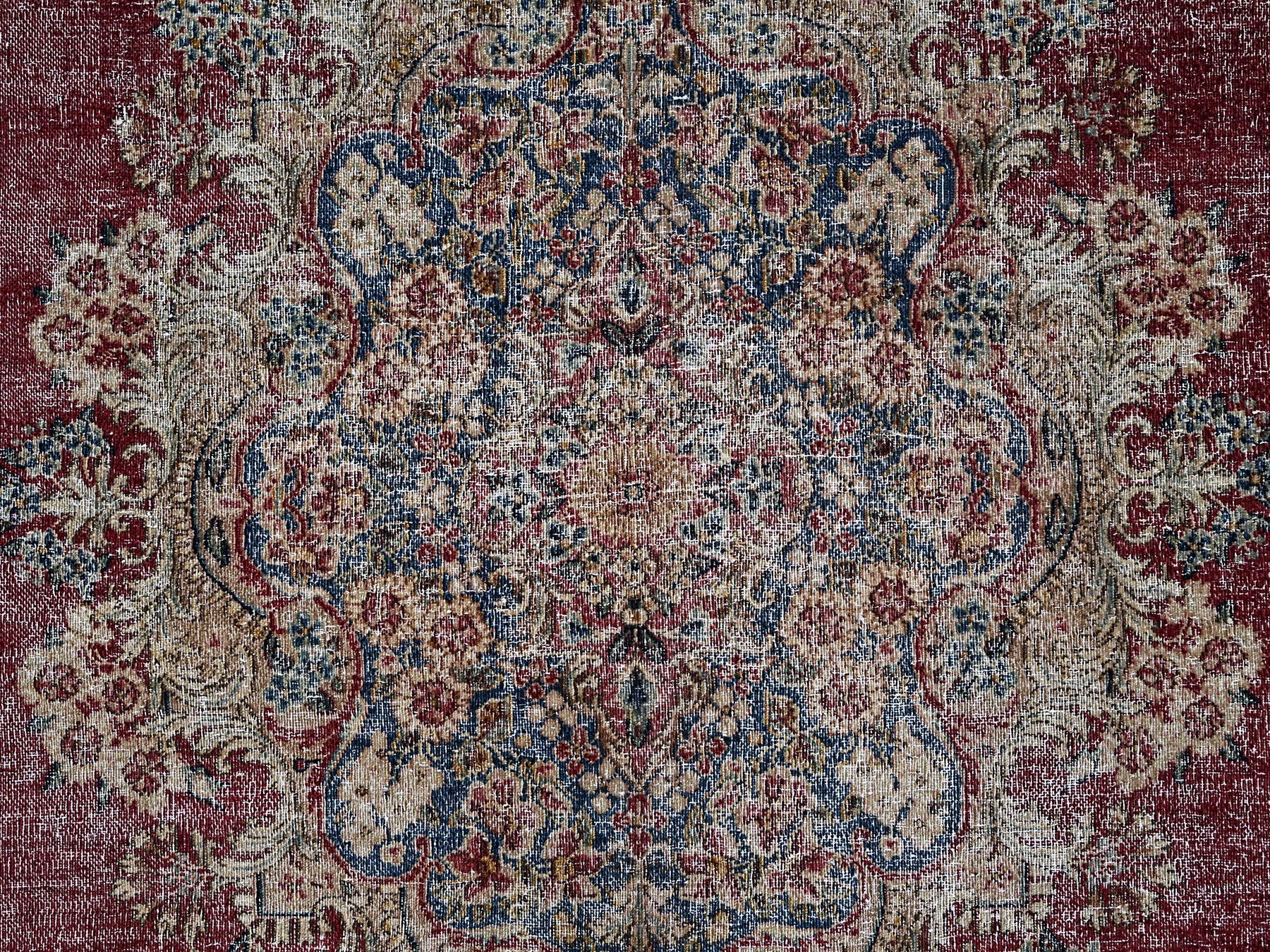 9'9"x15'3" Wine Red, Worn Out, Vintage Persian Kerman with Flower Medallion, Worn Out and Distressed Professionally Cleaned, Sides and Ends Secured, Hand Knotted, 100% Wool, Oriental Rug HR2542 - Image 9
