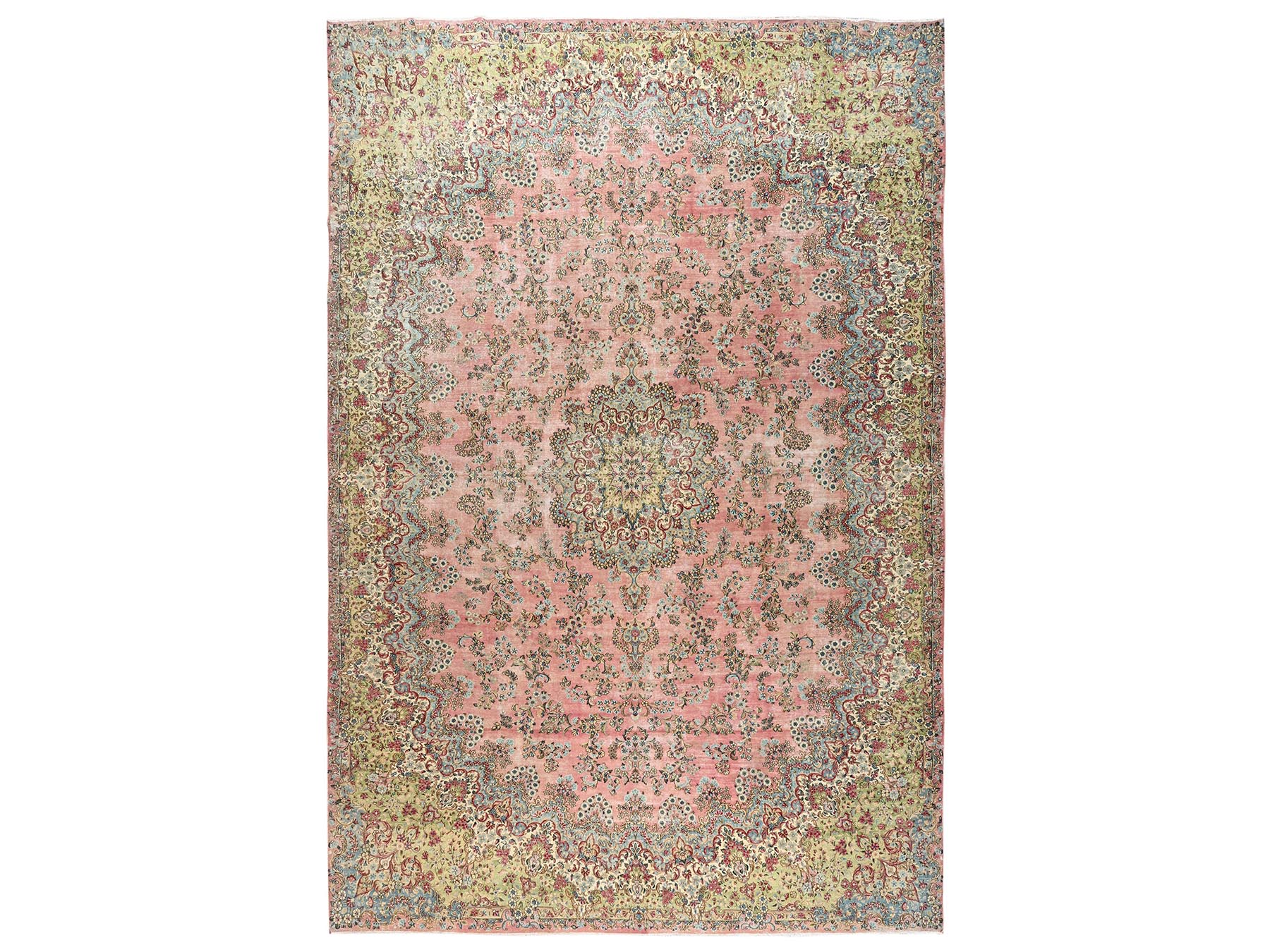 12'4"x18'4" Rose Pink, Vintage Persian Kerman with Flower Medallion, Sheared Low, Distressed, Professionally Cleaned, Excellent Condition, Hand Knotted, 100% Wool, XL, Oversized, Oriental Rug HR2544