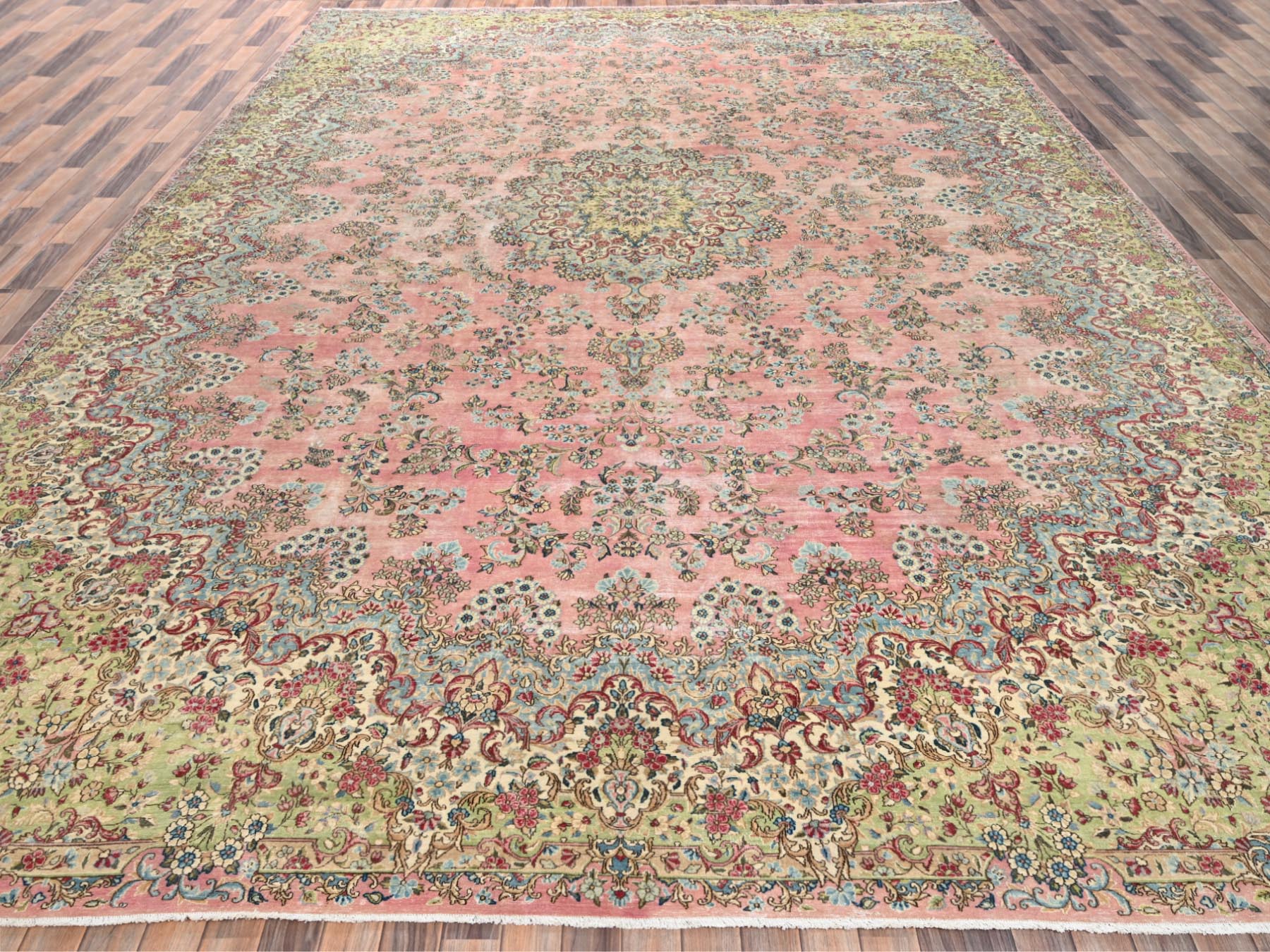 12'4"x18'4" Rose Pink, Vintage Persian Kerman with Flower Medallion, Sheared Low, Distressed, Professionally Cleaned, Excellent Condition, Hand Knotted, 100% Wool, XL, Oversized, Oriental Rug HR2544 - Image 2