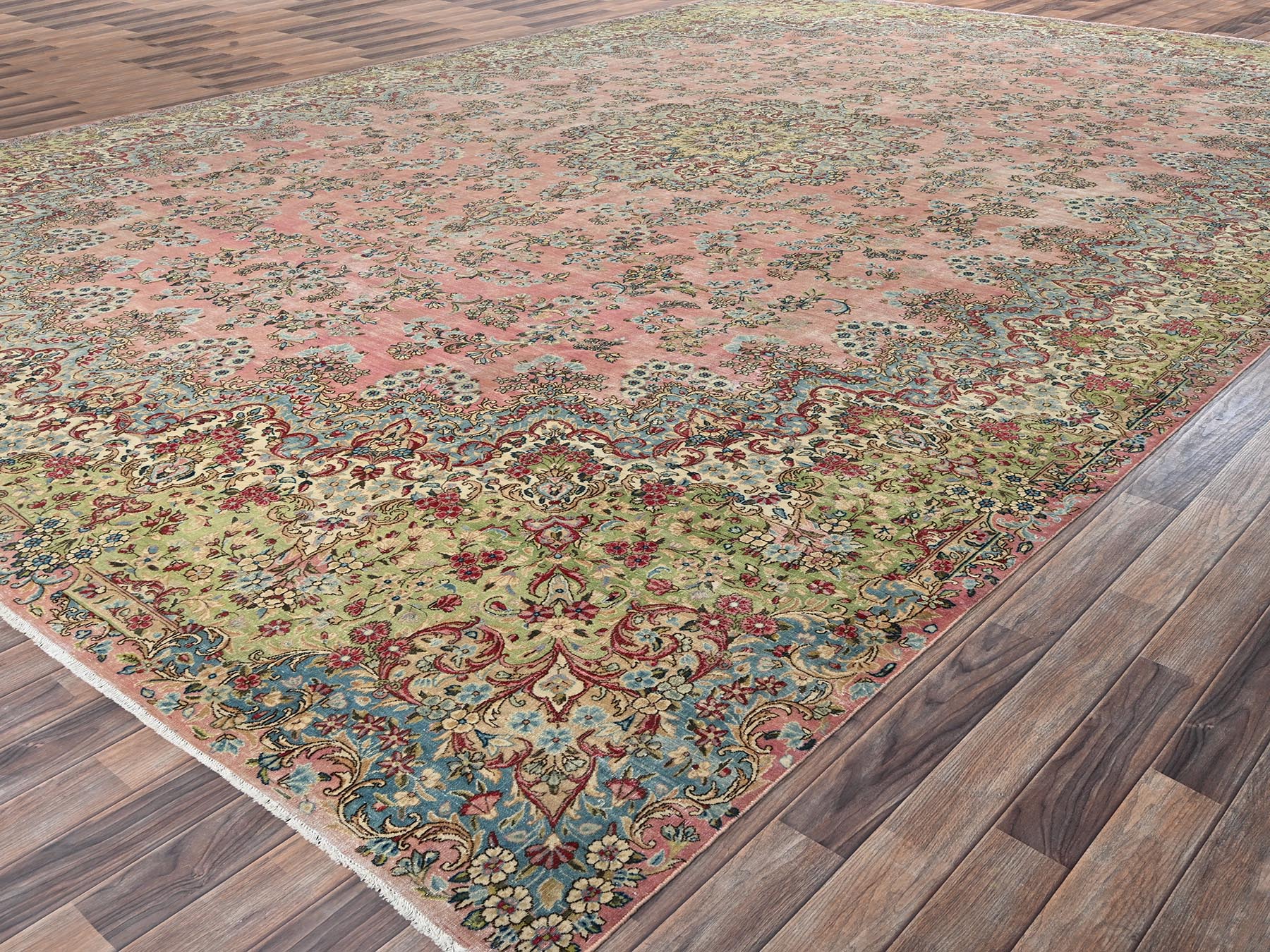 12'4"x18'4" Rose Pink, Vintage Persian Kerman with Flower Medallion, Sheared Low, Distressed, Professionally Cleaned, Excellent Condition, Hand Knotted, 100% Wool, XL, Oversized, Oriental Rug HR2544 - Image 3