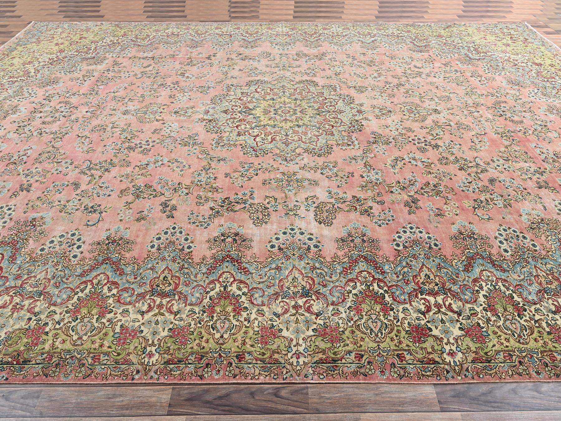 12'4"x18'4" Rose Pink, Vintage Persian Kerman with Flower Medallion, Sheared Low, Distressed, Professionally Cleaned, Excellent Condition, Hand Knotted, 100% Wool, XL, Oversized, Oriental Rug HR2544 - Image 4