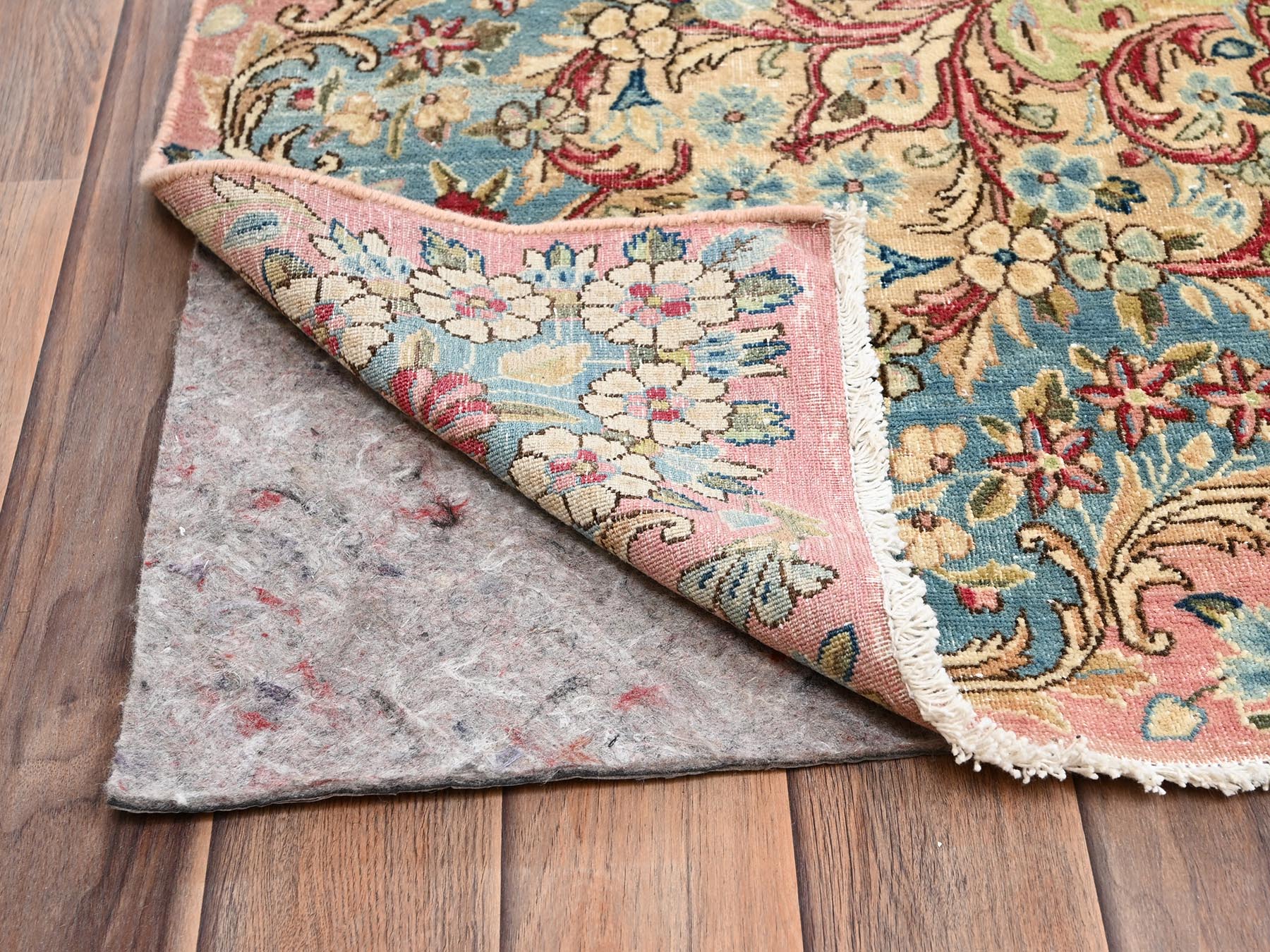 12'4"x18'4" Rose Pink, Vintage Persian Kerman with Flower Medallion, Sheared Low, Distressed, Professionally Cleaned, Excellent Condition, Hand Knotted, 100% Wool, XL, Oversized, Oriental Rug HR2544 - Image 5