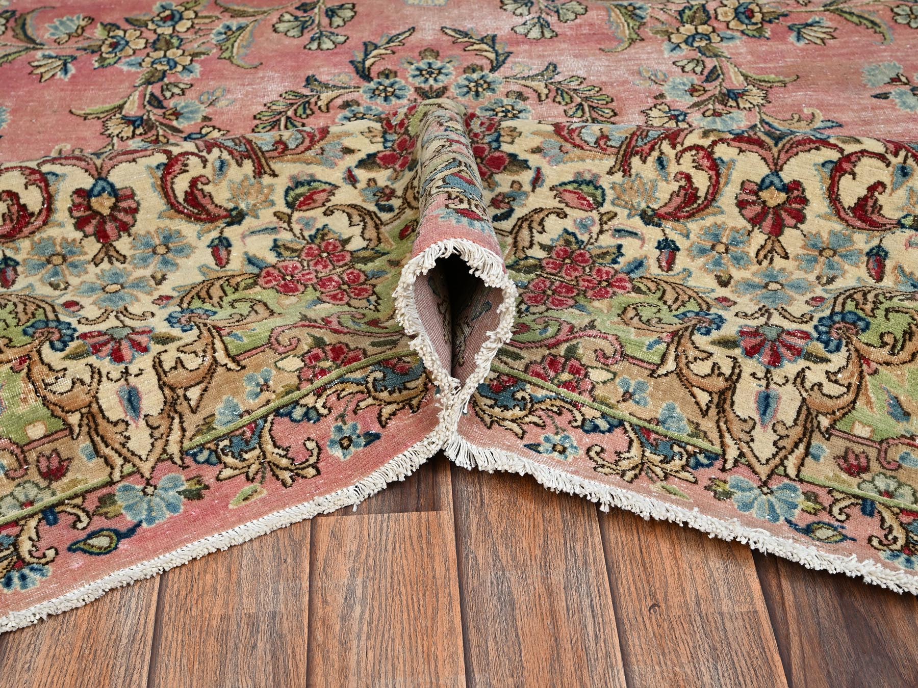 12'4"x18'4" Rose Pink, Vintage Persian Kerman with Flower Medallion, Sheared Low, Distressed, Professionally Cleaned, Excellent Condition, Hand Knotted, 100% Wool, XL, Oversized, Oriental Rug HR2544 - Image 6