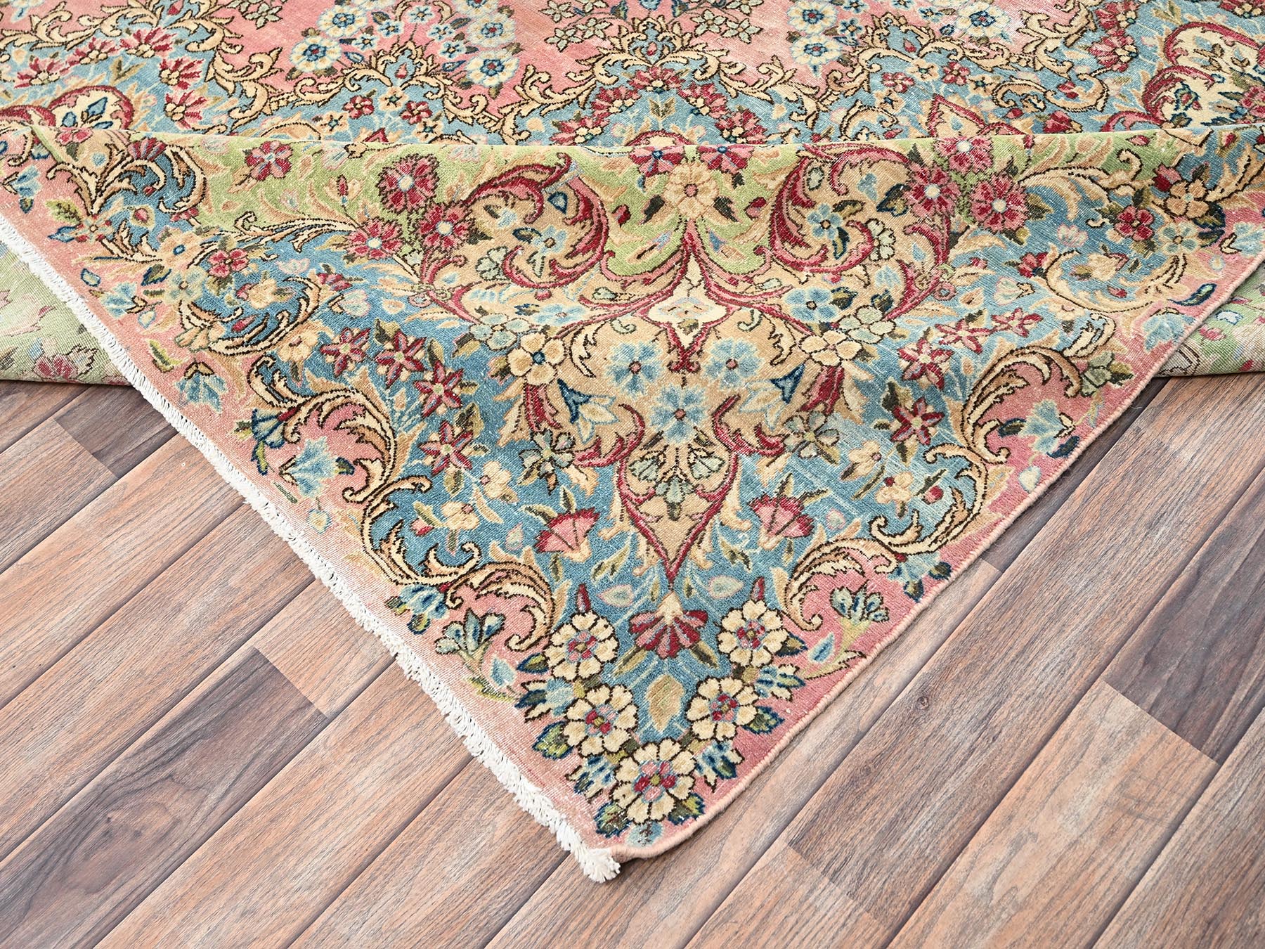 12'4"x18'4" Rose Pink, Vintage Persian Kerman with Flower Medallion, Sheared Low, Distressed, Professionally Cleaned, Excellent Condition, Hand Knotted, 100% Wool, XL, Oversized, Oriental Rug HR2544 - Image 7