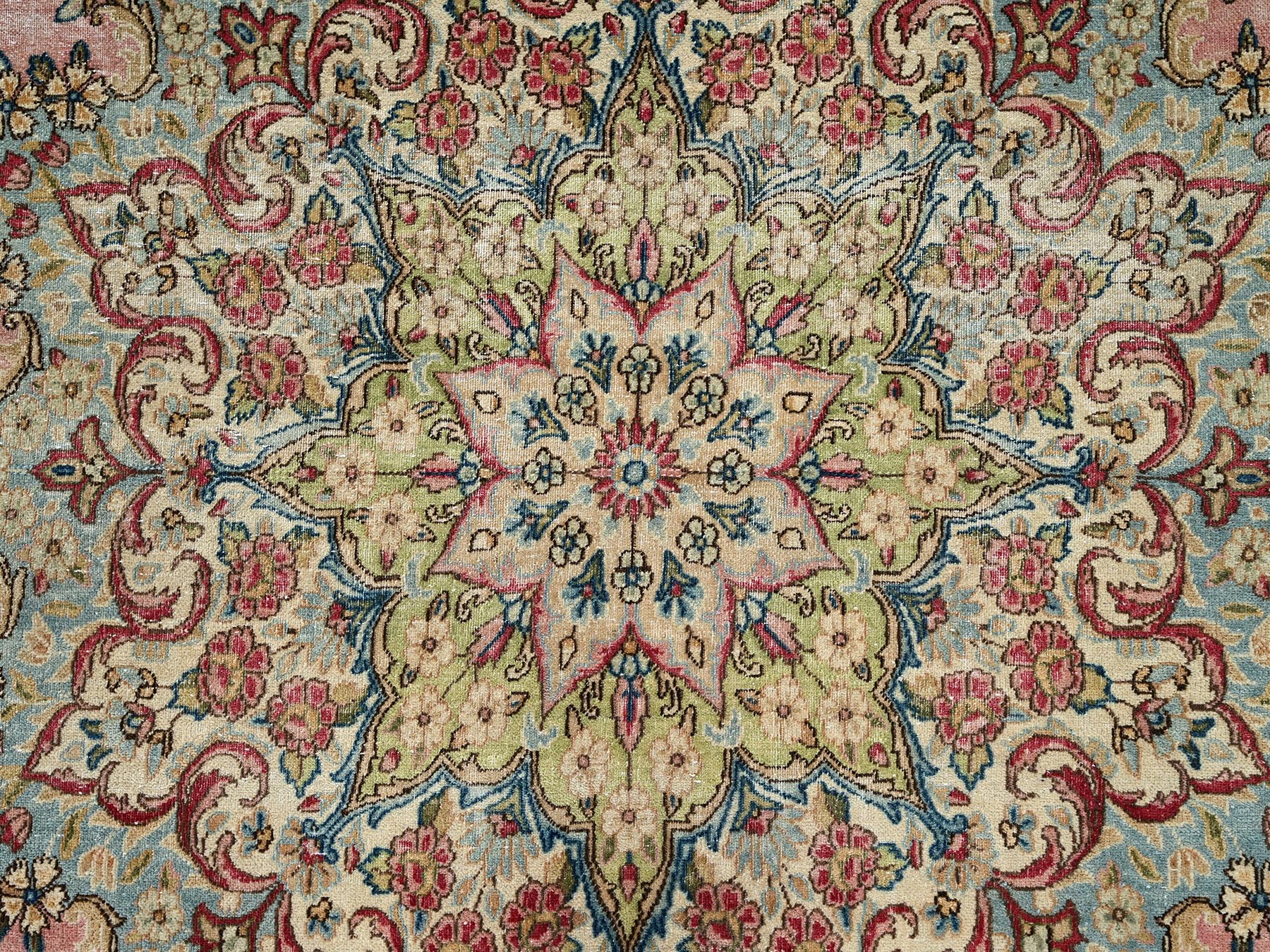 12'4"x18'4" Rose Pink, Vintage Persian Kerman with Flower Medallion, Sheared Low, Distressed, Professionally Cleaned, Excellent Condition, Hand Knotted, 100% Wool, XL, Oversized, Oriental Rug HR2544 - Image 9