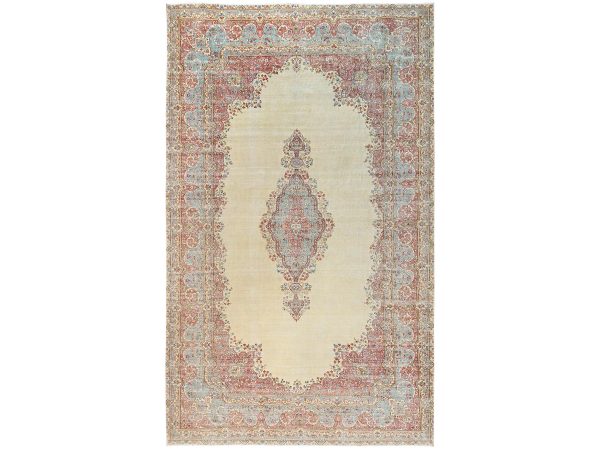 11'8"x19'5" Pristine White, Worn Out, Vintage Persian Kerman with Open Field Medallion Design, Sheared Low, Distressed, Professionally Cleaned, Excellent Condition, Hand Knotted, 100% Wool, XL, Oversized, Oriental Rug HR2545