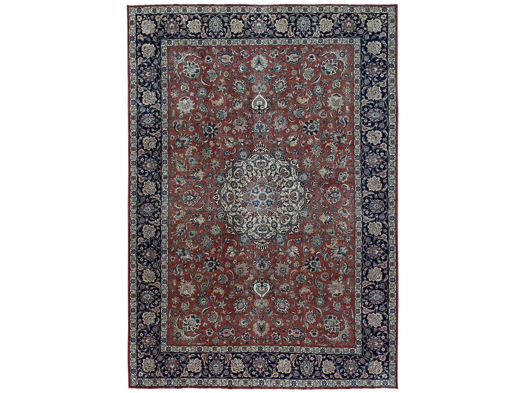 10'10"x15'4" Copper Brown, Vintage Persian Mashad with Flower Medallion, Distressed, Low Pile, Good Condition, Hand Knotted, Pure Wool, XL, Oversized, Oriental Rug HR2547