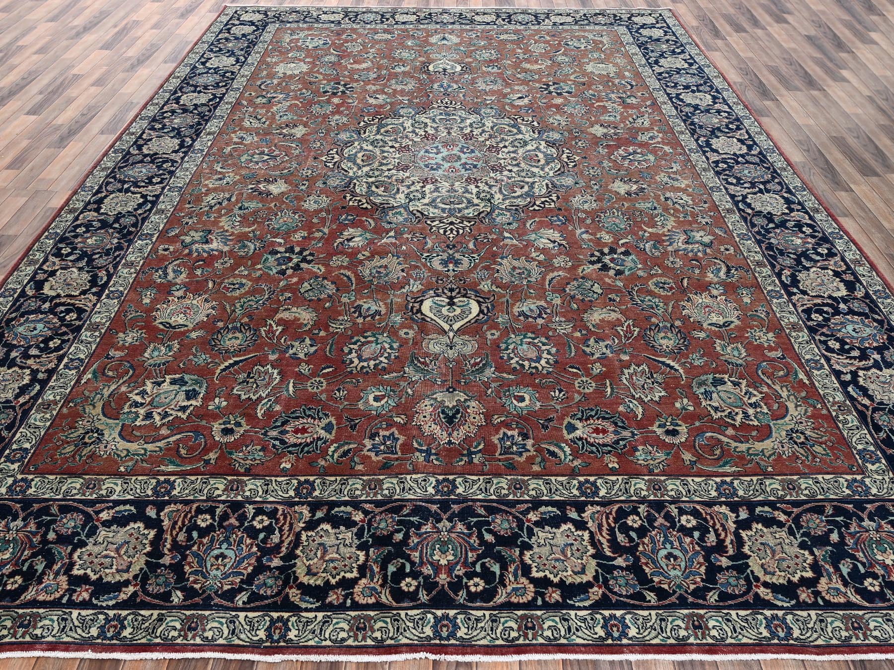 10'10"x15'4" Copper Brown, Vintage Persian Mashad with Flower Medallion, Distressed, Low Pile, Good Condition, Hand Knotted, Pure Wool, XL, Oversized, Oriental Rug HR2547 - Image 2