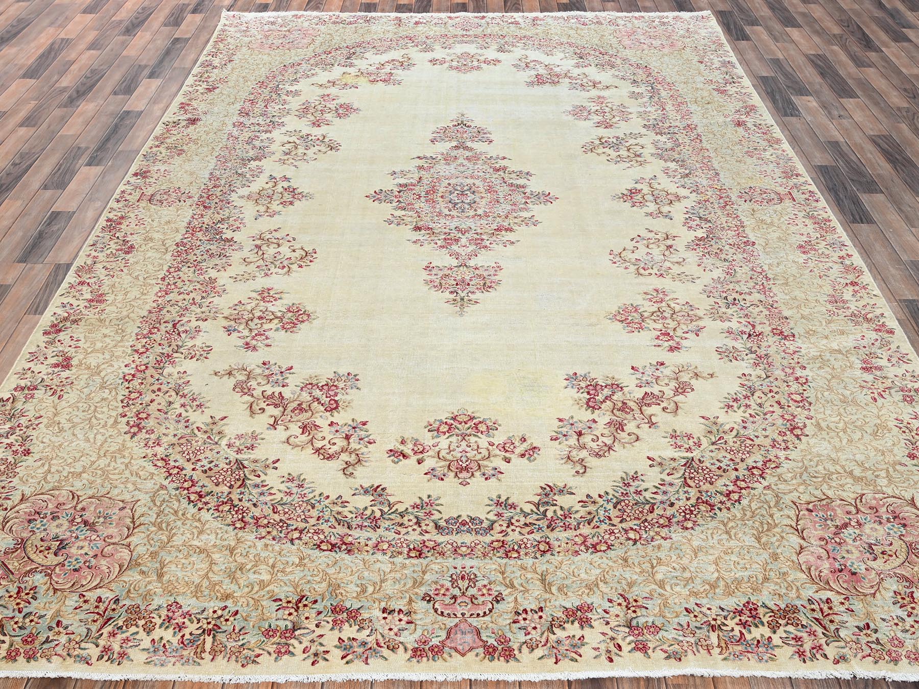 8'5"x14'5" Pearl White, Vintage Persian Kerman with Open Field Medallion Design, Washed Out, Sheared Low, Distressed, Long and Narrow, Sides and Ends Professionally Secured, Hand Knotted, 100% Wool, Oriental Rug HR2548 - Image 2