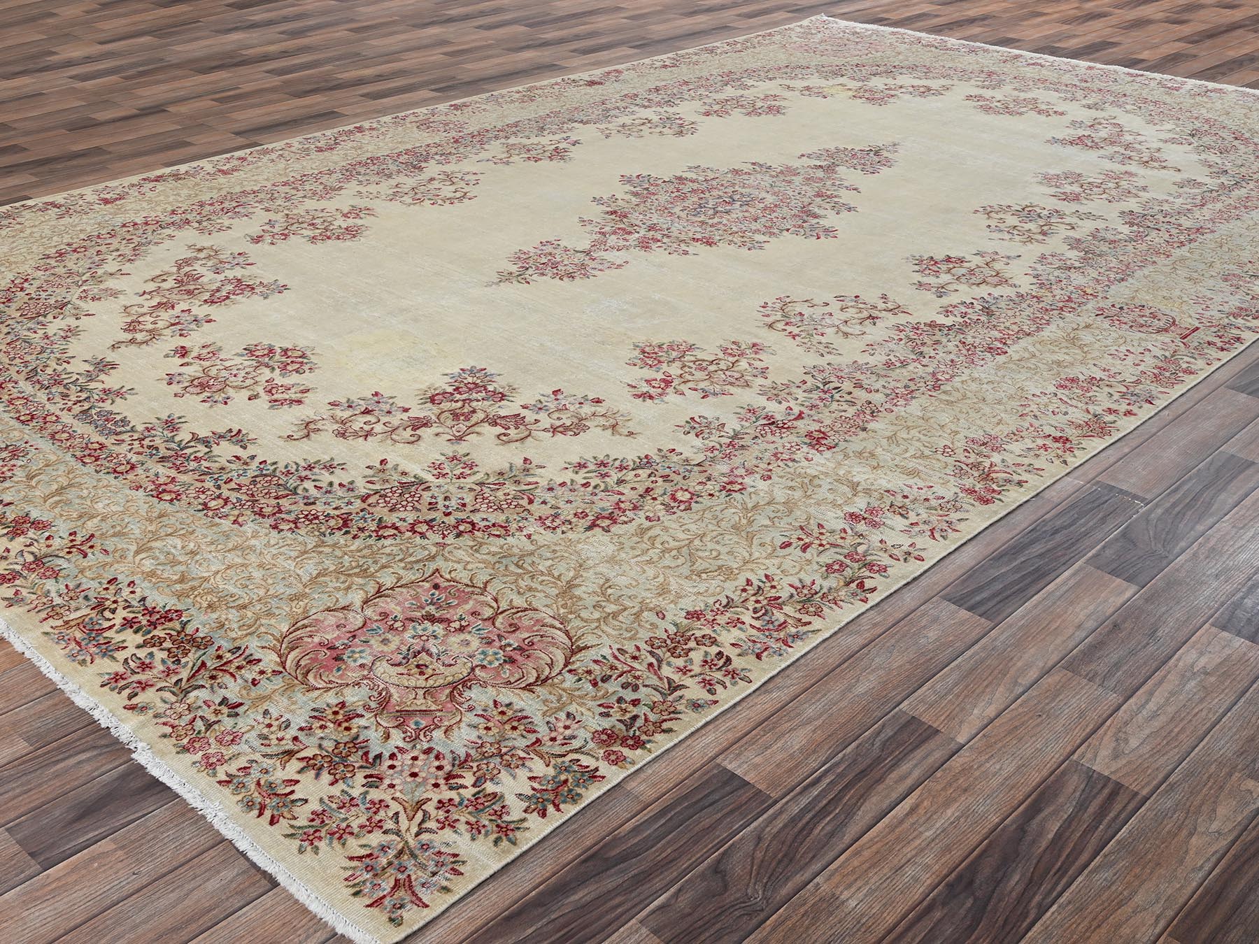 8'5"x14'5" Pearl White, Vintage Persian Kerman with Open Field Medallion Design, Washed Out, Sheared Low, Distressed, Long and Narrow, Sides and Ends Professionally Secured, Hand Knotted, 100% Wool, Oriental Rug HR2548 - Image 3