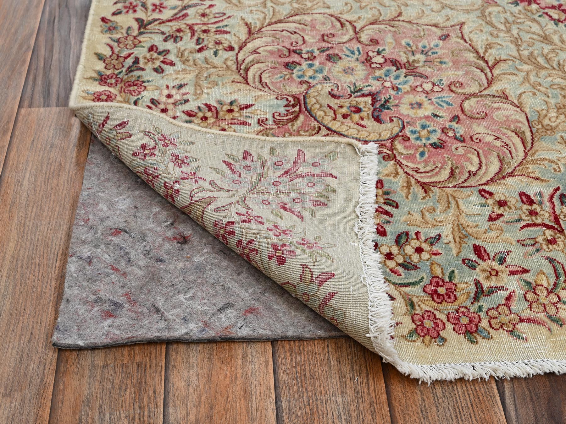 8'5"x14'5" Pearl White, Vintage Persian Kerman with Open Field Medallion Design, Washed Out, Sheared Low, Distressed, Long and Narrow, Sides and Ends Professionally Secured, Hand Knotted, 100% Wool, Oriental Rug HR2548 - Image 5