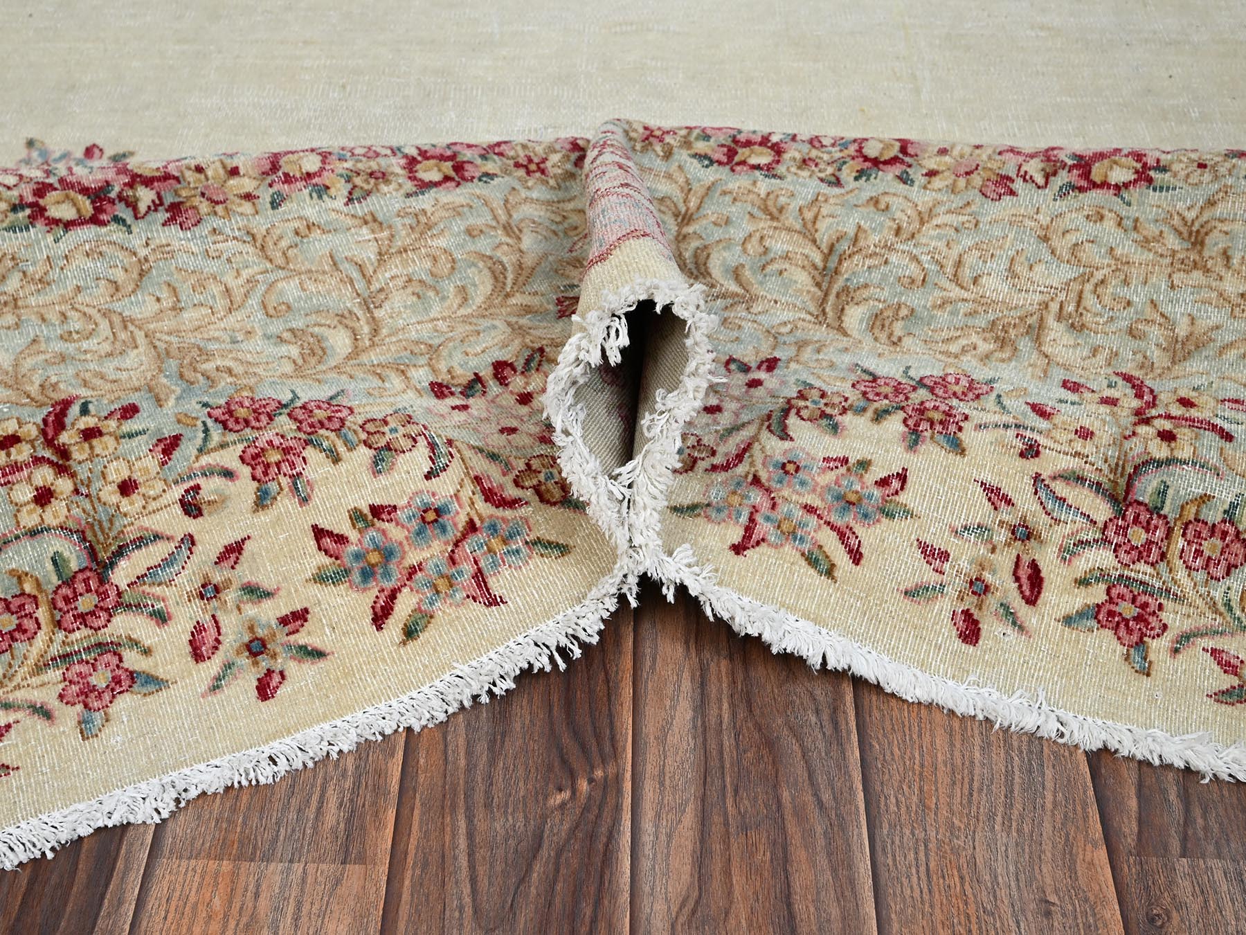 8'5"x14'5" Pearl White, Vintage Persian Kerman with Open Field Medallion Design, Washed Out, Sheared Low, Distressed, Long and Narrow, Sides and Ends Professionally Secured, Hand Knotted, 100% Wool, Oriental Rug HR2548 - Image 6