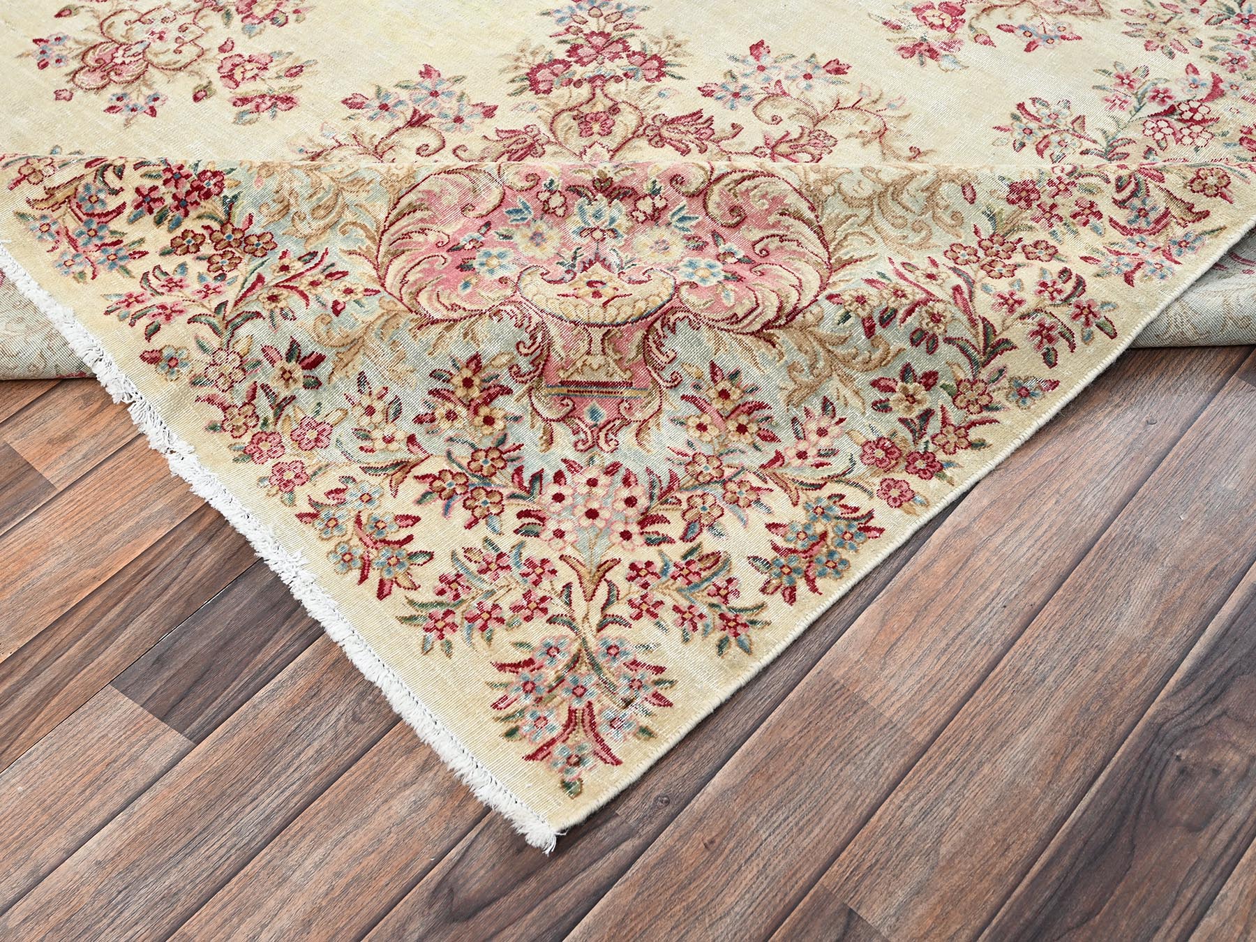 8'5"x14'5" Pearl White, Vintage Persian Kerman with Open Field Medallion Design, Washed Out, Sheared Low, Distressed, Long and Narrow, Sides and Ends Professionally Secured, Hand Knotted, 100% Wool, Oriental Rug HR2548 - Image 7