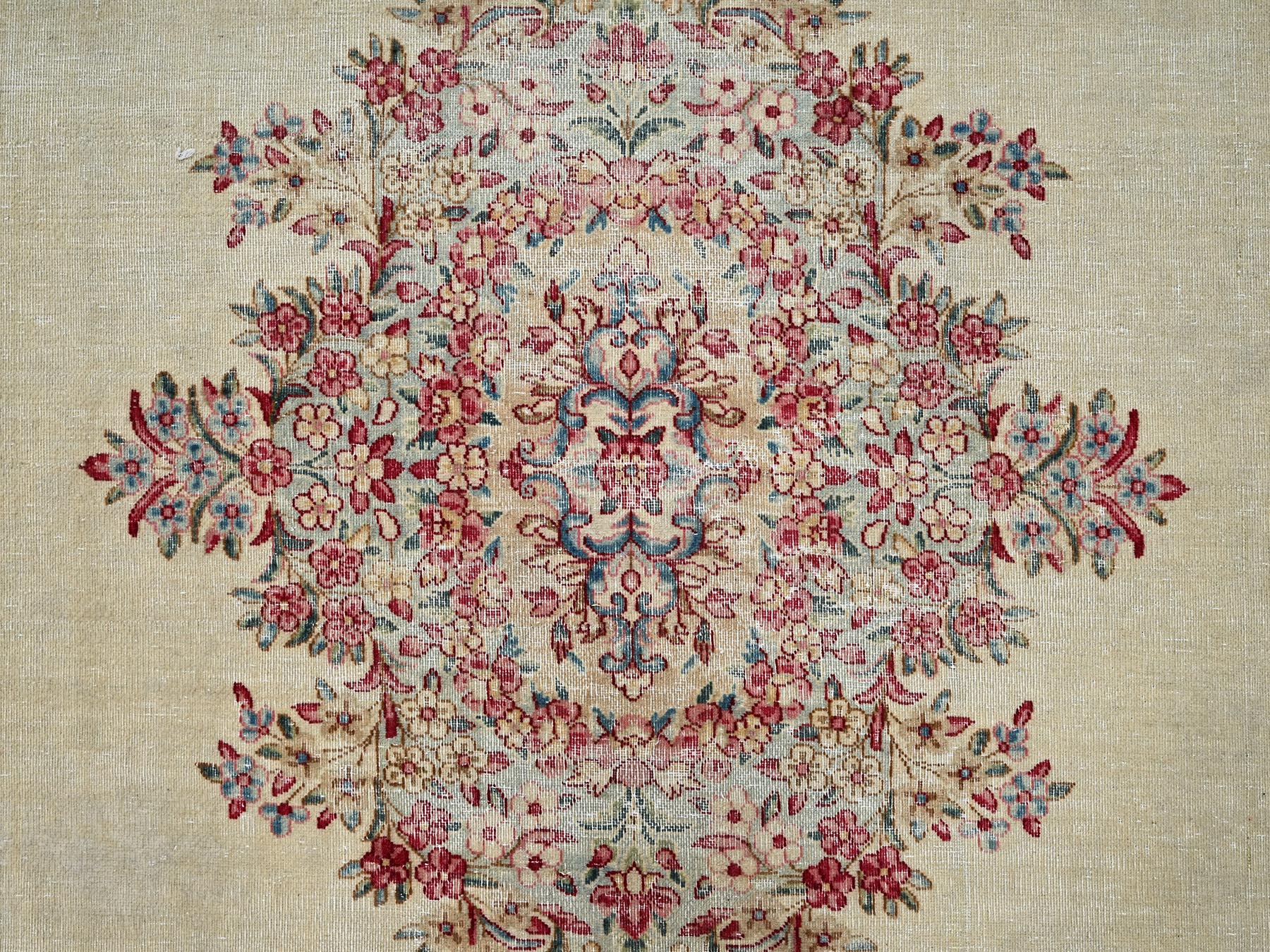 8'5"x14'5" Pearl White, Vintage Persian Kerman with Open Field Medallion Design, Washed Out, Sheared Low, Distressed, Long and Narrow, Sides and Ends Professionally Secured, Hand Knotted, 100% Wool, Oriental Rug HR2548 - Image 9