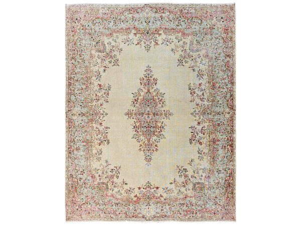 7'10"x10' Chiifon White, Vintage Persian Kerman with Flower Medallion, Sheared Low, Distressed, Professionally Cleaned, Excellent Condition, Hand Knotted, 100% Wool, Oriental Rug HR2550