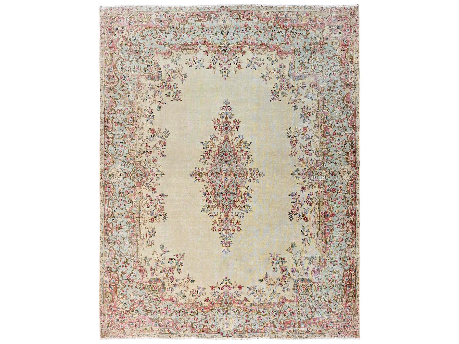 7'10"x10' Chiifon White, Vintage Persian Kerman with Flower Medallion, Sheared Low, Distressed, Professionally Cleaned, Excellent Condition, Hand Knotted, 100% Wool, Oriental Rug HR2550