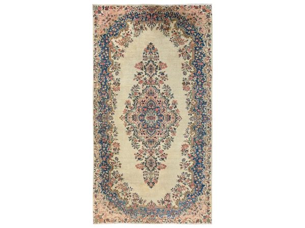 6'x11'5" Chiffon White, Vintage Persian Kerman with Flower Medallion, Long and Narrow, Sheared Low, Good Condition, Distressed, Hand Knotted, 100% Wool, Wide Runner, Oriental Rug HR2551