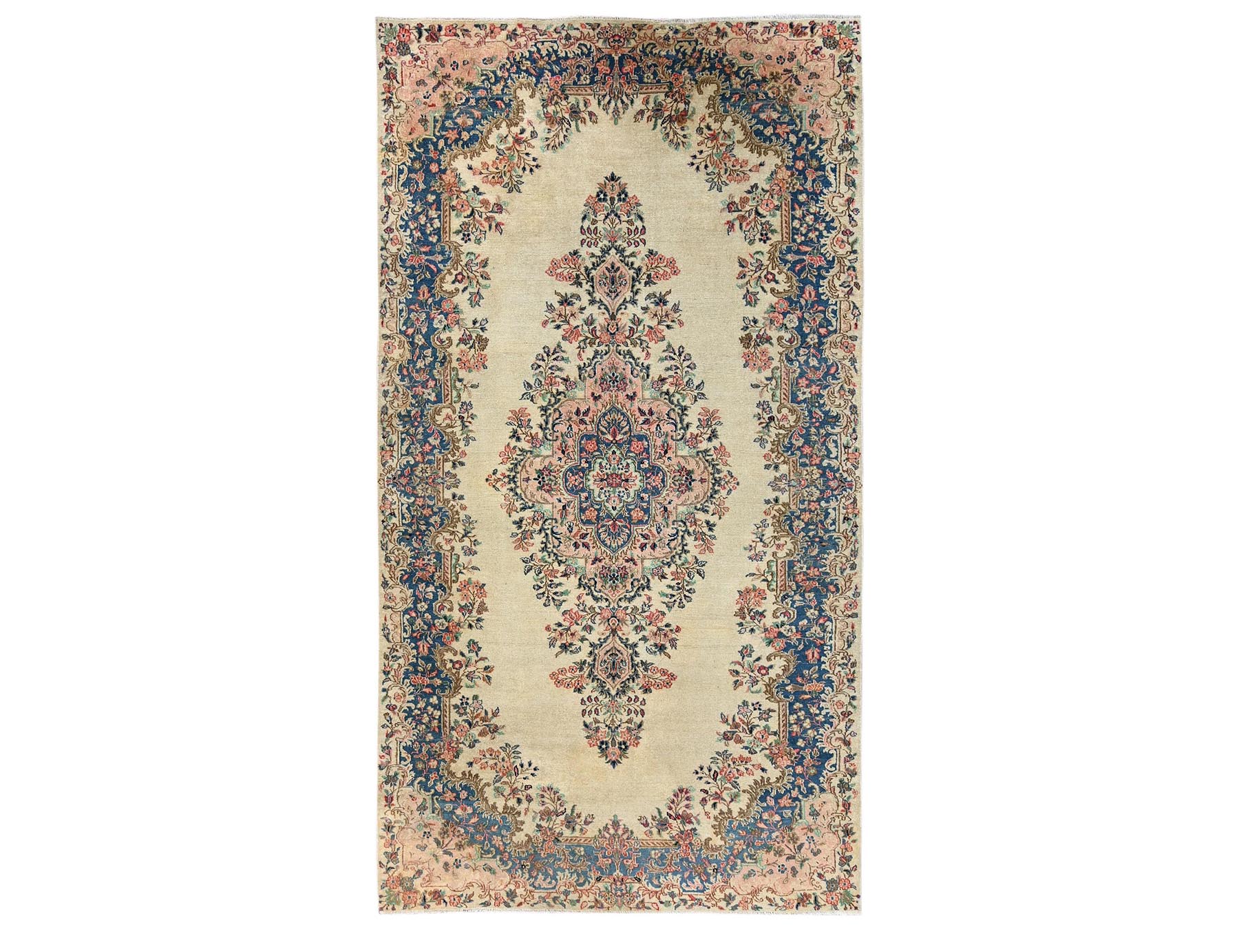 6'x11'5" Chiffon White, Vintage Persian Kerman with Flower Medallion, Long and Narrow, Sheared Low, Good Condition, Distressed, Hand Knotted, 100% Wool, Wide Runner, Oriental Rug HR2551