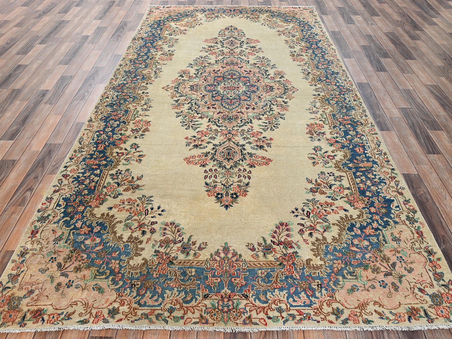 6'x11'5" Chiffon White, Vintage Persian Kerman with Flower Medallion, Long and Narrow, Sheared Low, Good Condition, Distressed, Hand Knotted, 100% Wool, Wide Runner, Oriental Rug HR2551 - Image 2