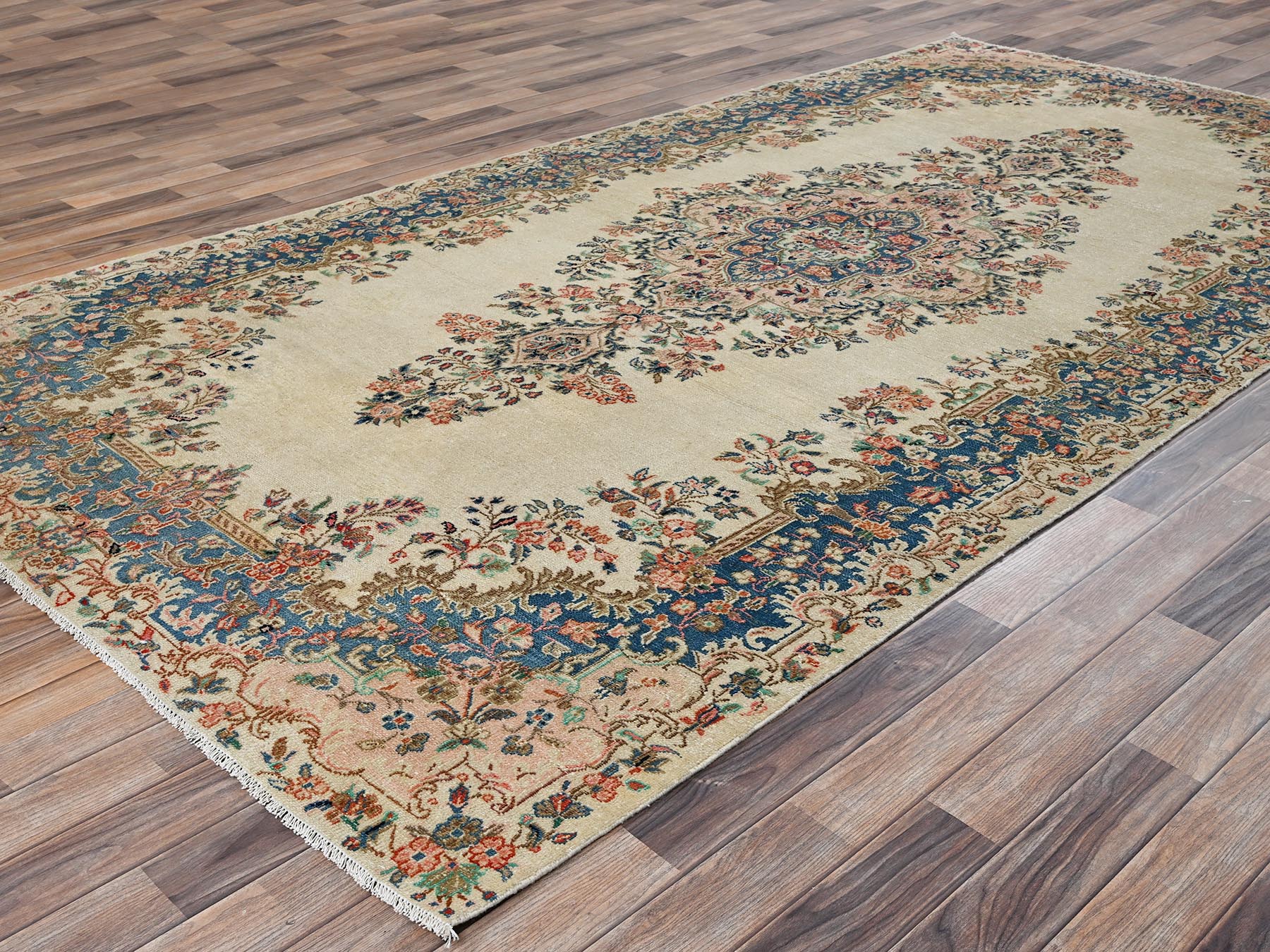 6'x11'5" Chiffon White, Vintage Persian Kerman with Flower Medallion, Long and Narrow, Sheared Low, Good Condition, Distressed, Hand Knotted, 100% Wool, Wide Runner, Oriental Rug HR2551 - Image 3