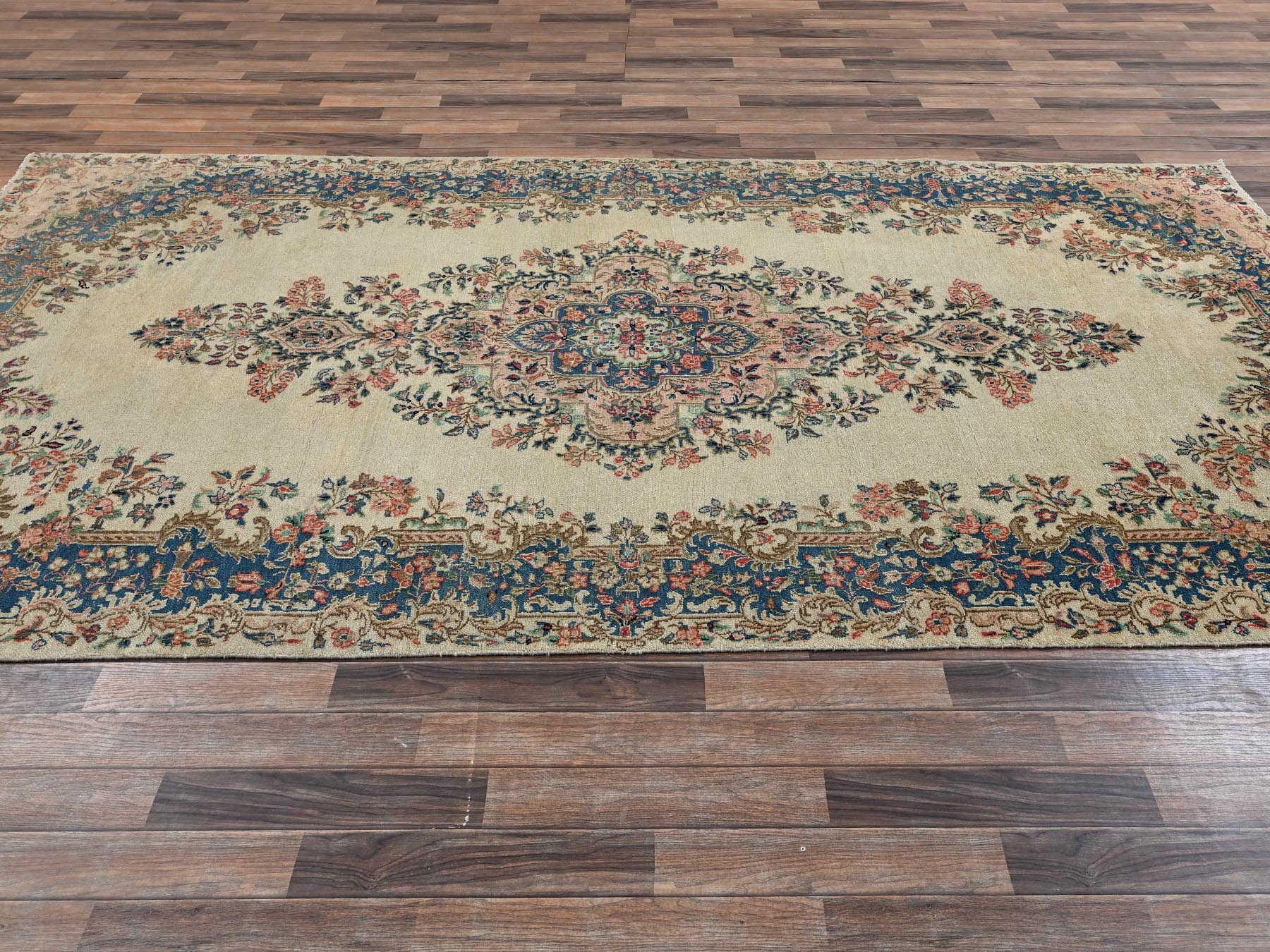 6'x11'5" Chiffon White, Vintage Persian Kerman with Flower Medallion, Long and Narrow, Sheared Low, Good Condition, Distressed, Hand Knotted, 100% Wool, Wide Runner, Oriental Rug HR2551 - Image 4