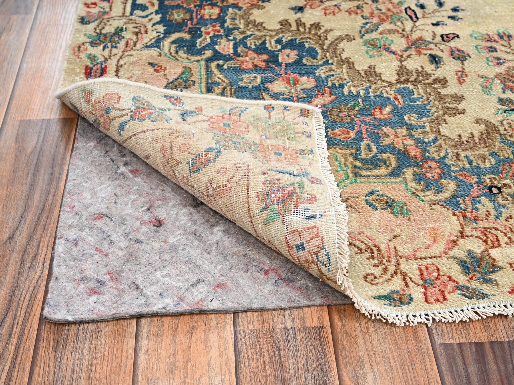 6'x11'5" Chiffon White, Vintage Persian Kerman with Flower Medallion, Long and Narrow, Sheared Low, Good Condition, Distressed, Hand Knotted, 100% Wool, Wide Runner, Oriental Rug HR2551 - Image 5