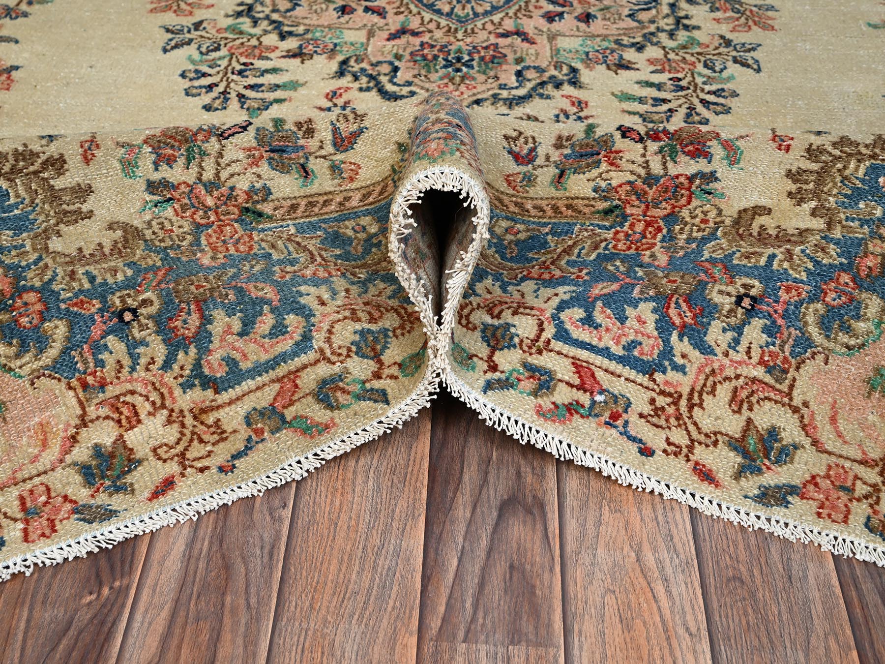 6'x11'5" Chiffon White, Vintage Persian Kerman with Flower Medallion, Long and Narrow, Sheared Low, Good Condition, Distressed, Hand Knotted, 100% Wool, Wide Runner, Oriental Rug HR2551 - Image 6
