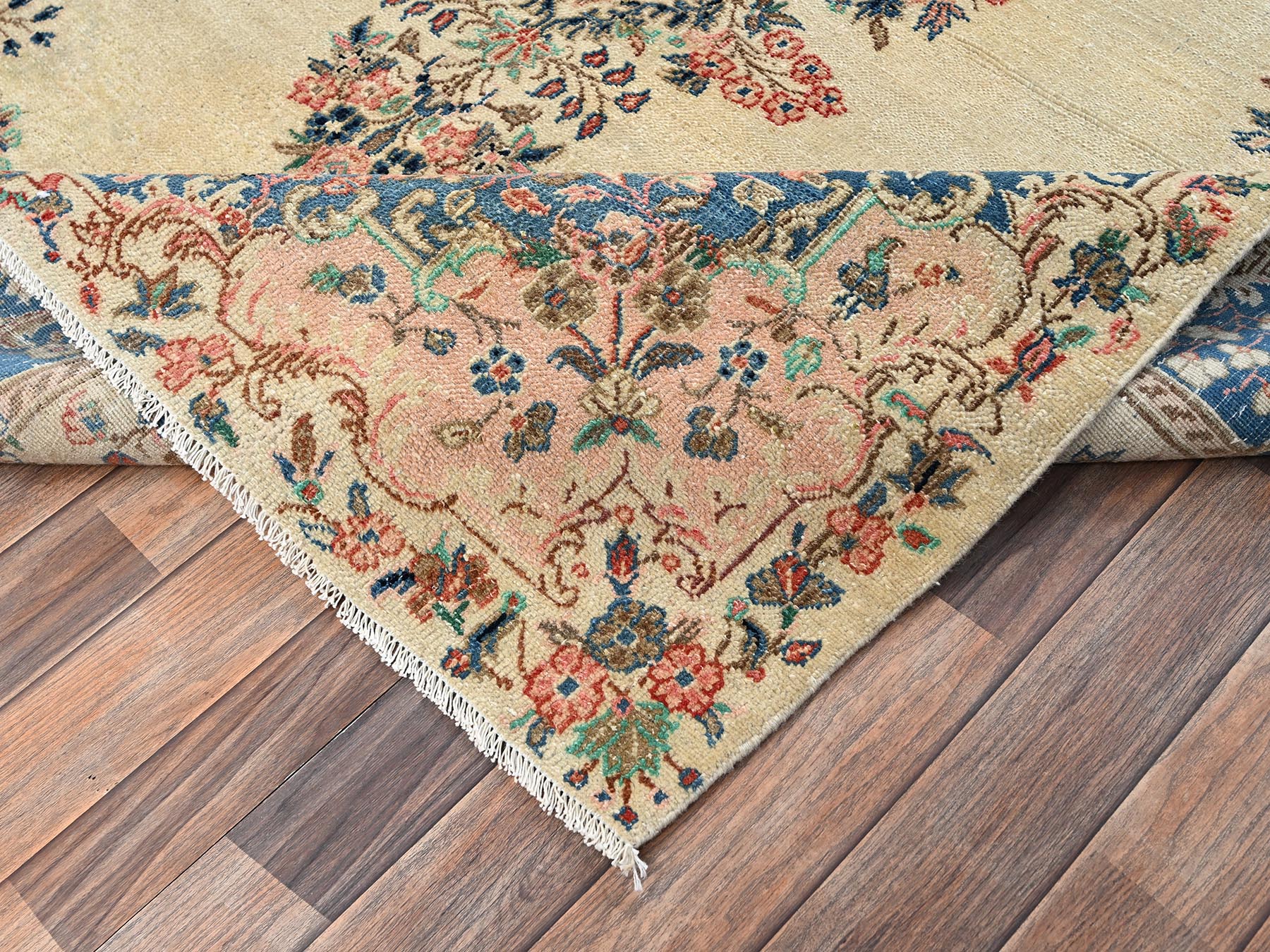 6'x11'5" Chiffon White, Vintage Persian Kerman with Flower Medallion, Long and Narrow, Sheared Low, Good Condition, Distressed, Hand Knotted, 100% Wool, Wide Runner, Oriental Rug HR2551 - Image 7