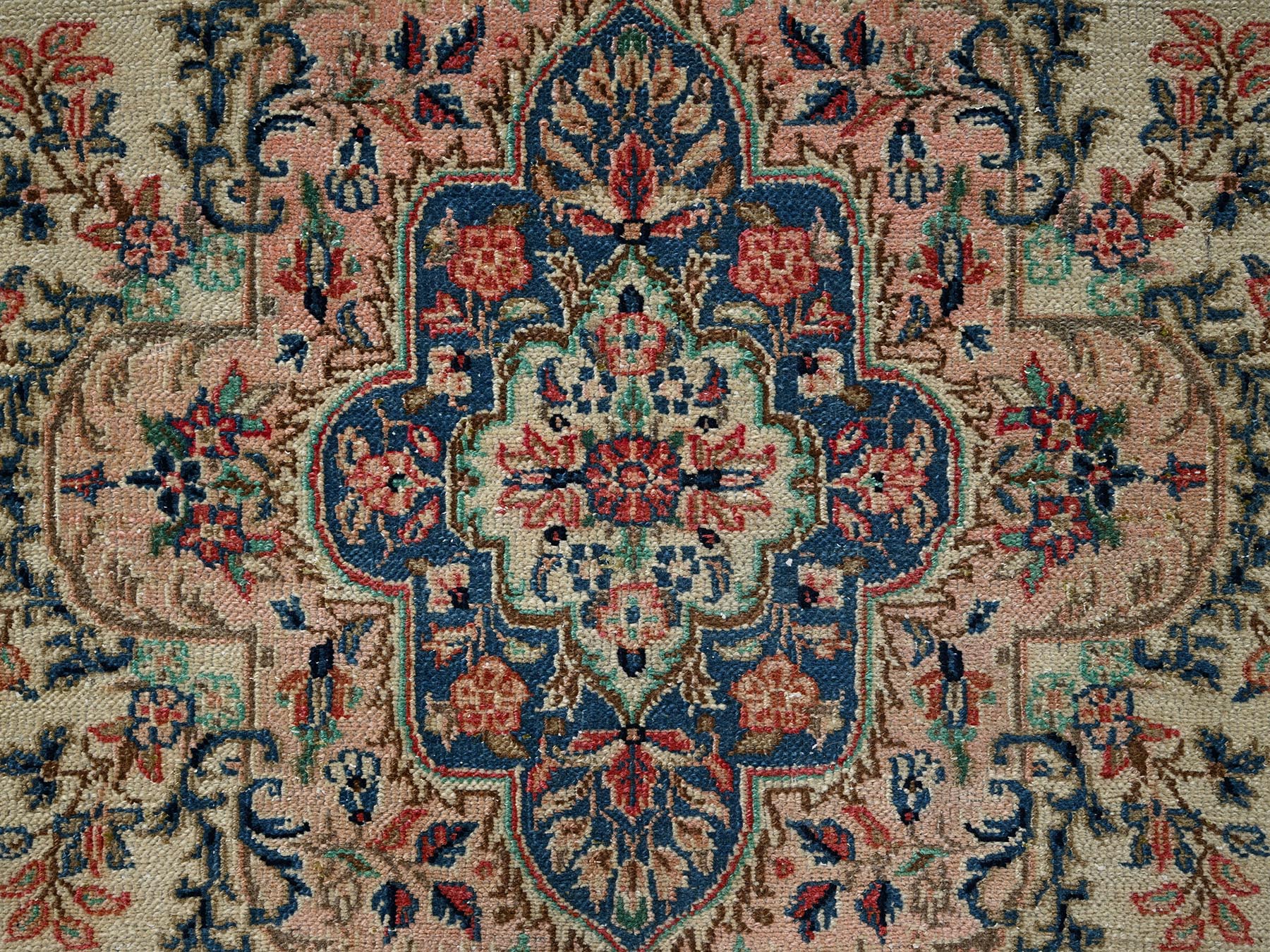 6'x11'5" Chiffon White, Vintage Persian Kerman with Flower Medallion, Long and Narrow, Sheared Low, Good Condition, Distressed, Hand Knotted, 100% Wool, Wide Runner, Oriental Rug HR2551 - Image 9